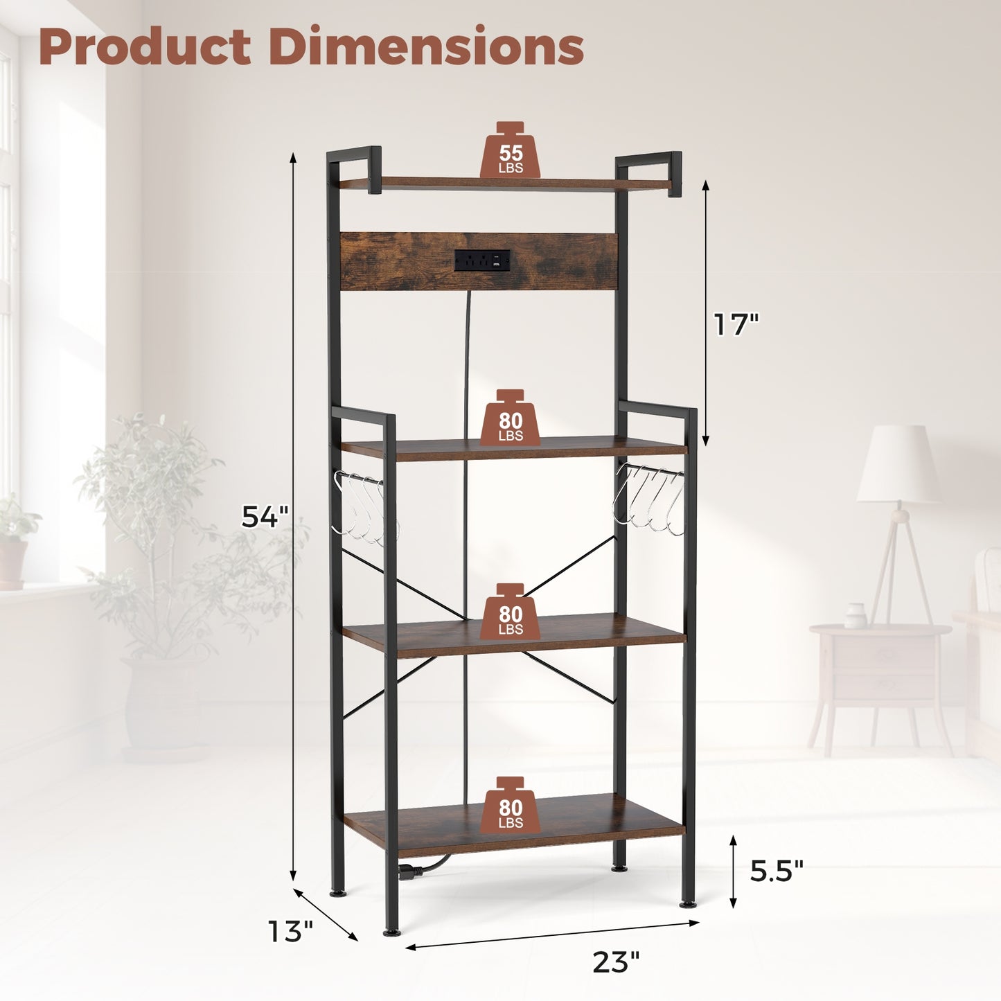 4-Tier Kitchen Bakers Rack with Power Outlet and 8 Hooks, Rustic Brown Baker's Racks at Gallery Canada