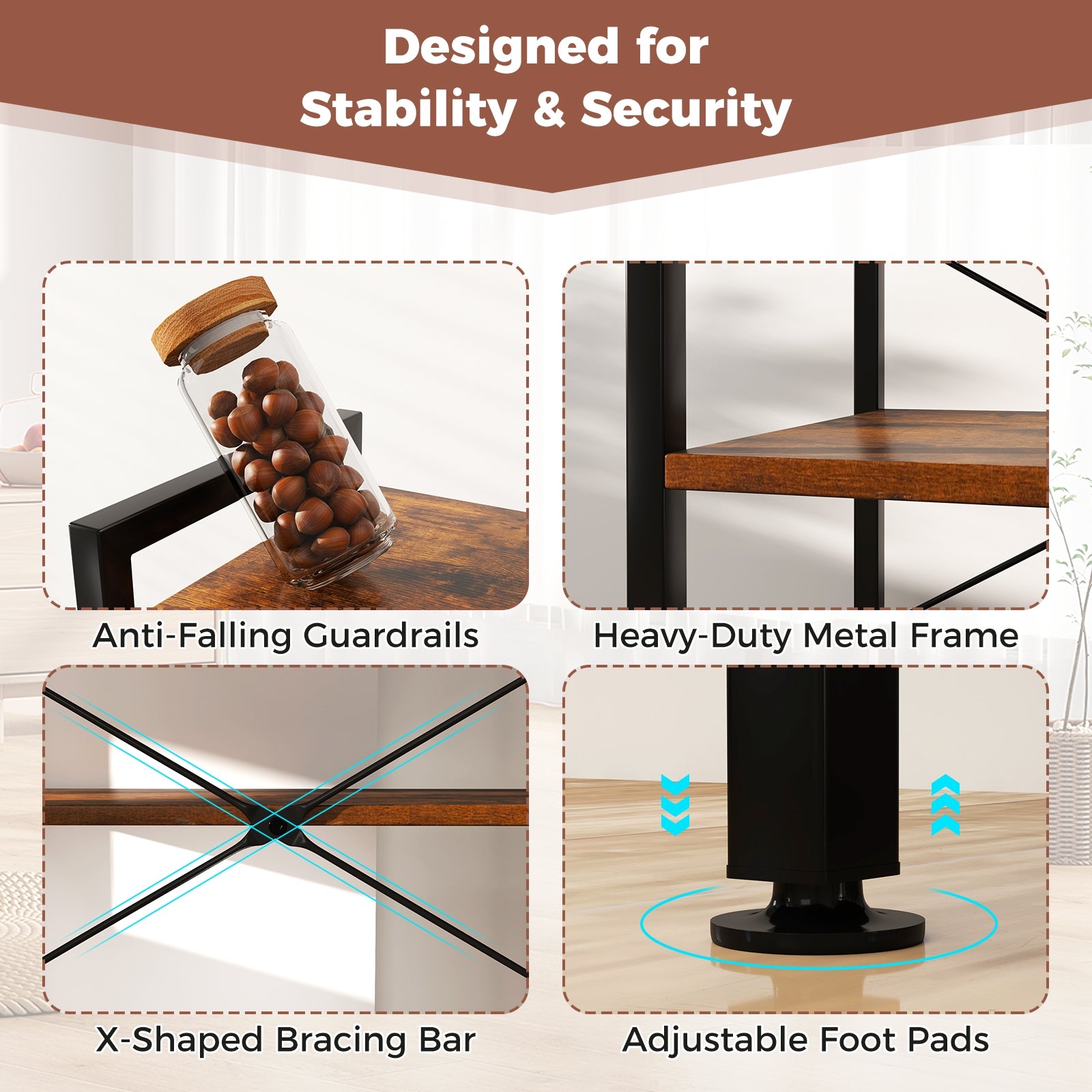 4-Tier Kitchen Bakers Rack with Power Outlet and 8 Hooks, Rustic Brown Baker's Racks at Gallery Canada