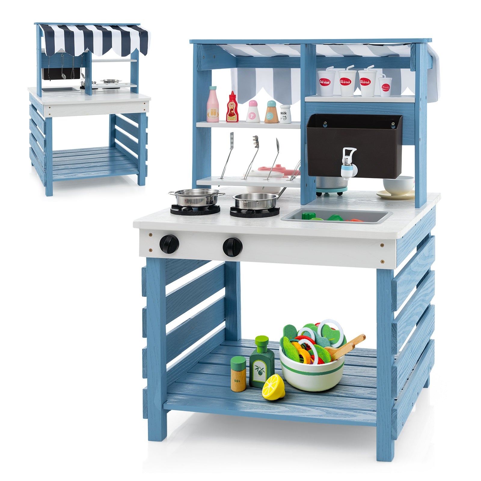 Double-sided Wooden Play Kitchen and Grocery Stand with Stoves for Kids 3+ Years Old, Blue Play Kitchen Sets at Gallery Canada