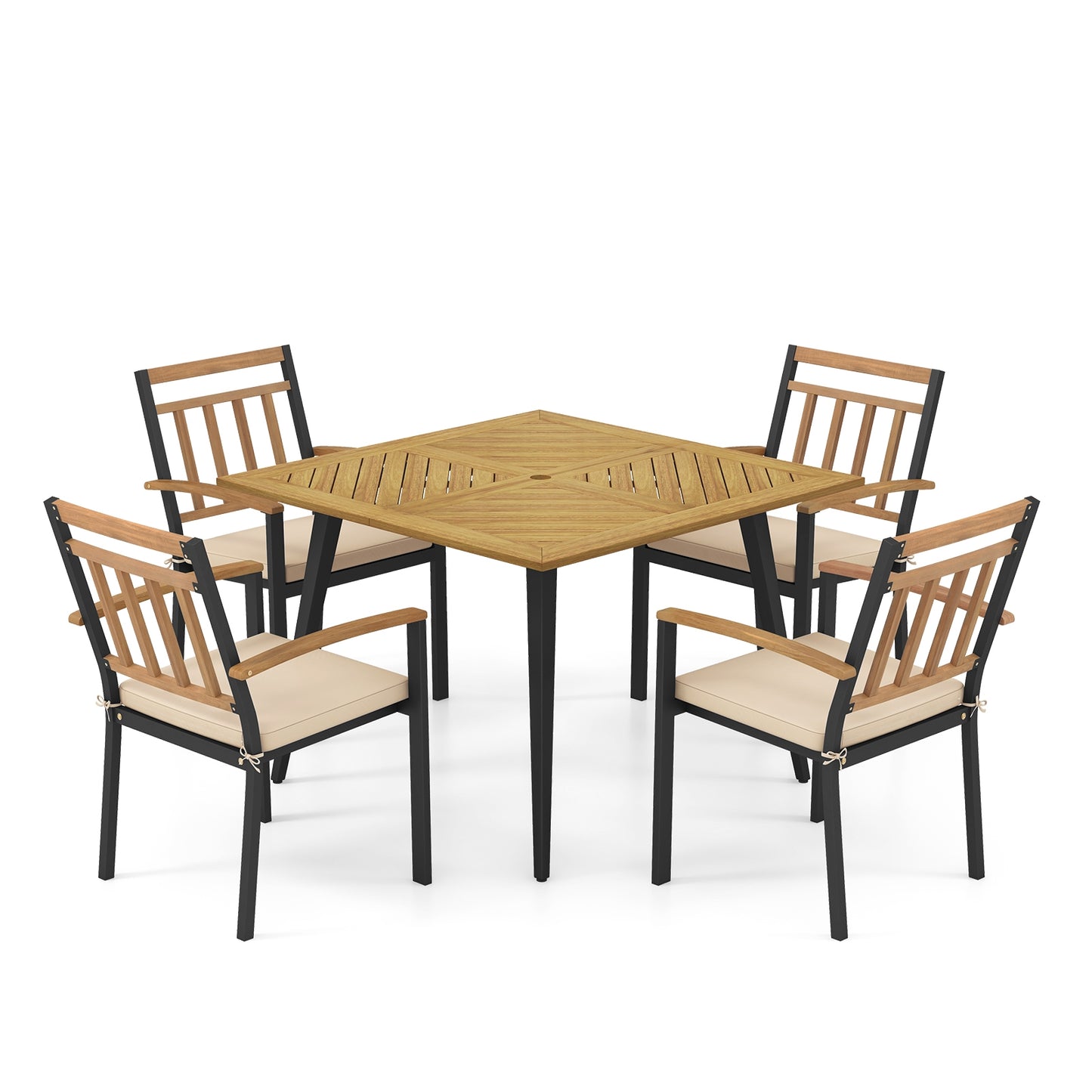 Ensemble de salle à manger de patio, 5 pièces avec coussins, trou de parapluie de 1,9 pouces, beige