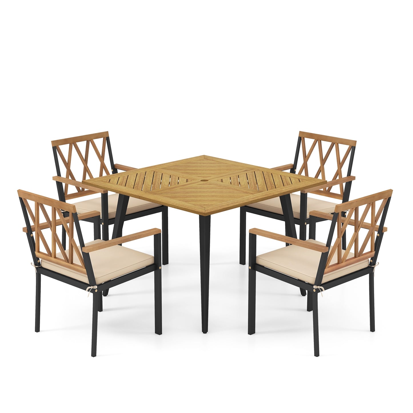 Table et chaises de salle à manger extérieures avec coussins, trou de parapluie de 1,9 pouces, beige