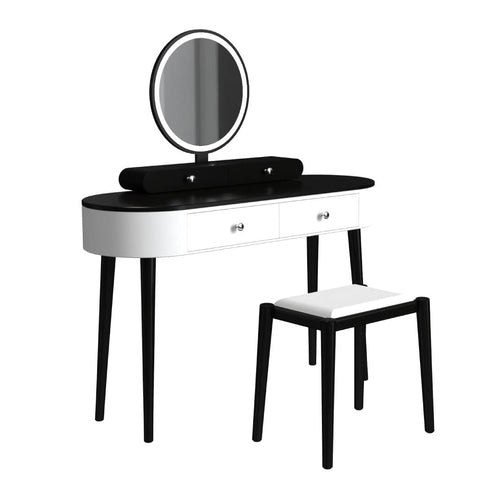 Makeup Vanity Table Set, LED Mirror, 3 Drawers, Dark Wood, White