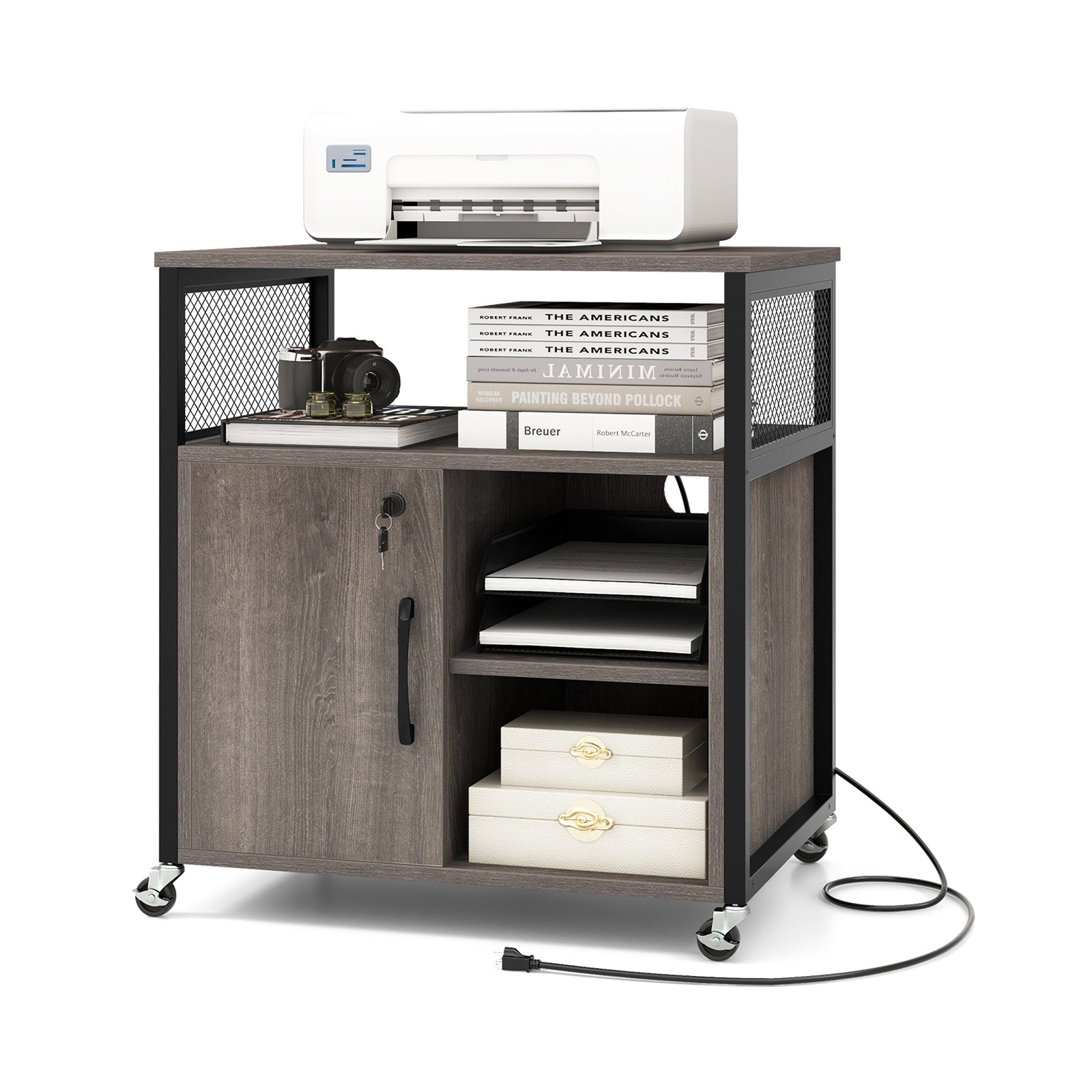 File Cabinet on Wheels with Charging Station and Cable Management Hole, Gray File Cabinets at Gallery Canada