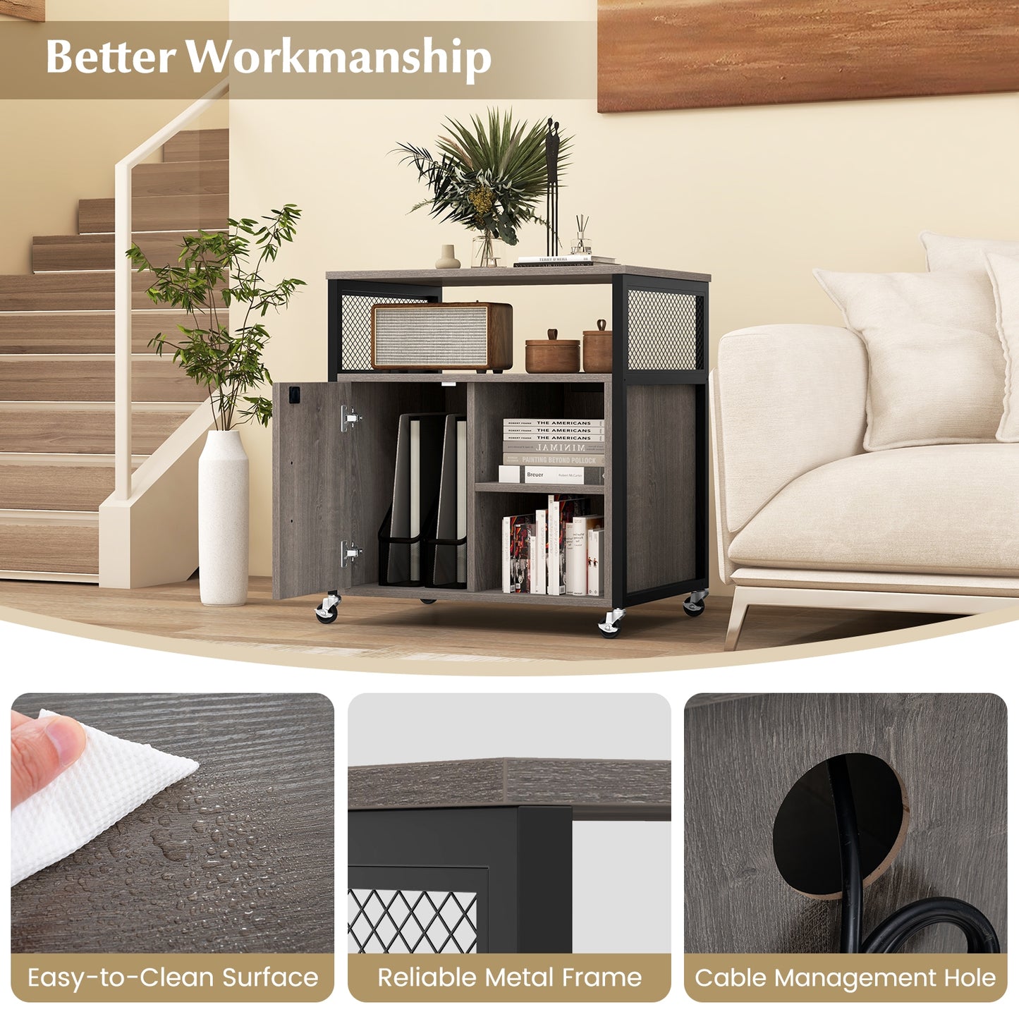 File Cabinet on Wheels with Charging Station and Cable Management Hole, Gray File Cabinets at Gallery Canada