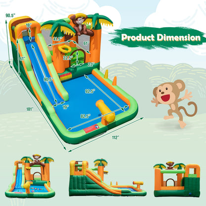 Toboggan Gonflable à Eau, Zone de Saut, Piscine, Souffleur 680W, Multicolore