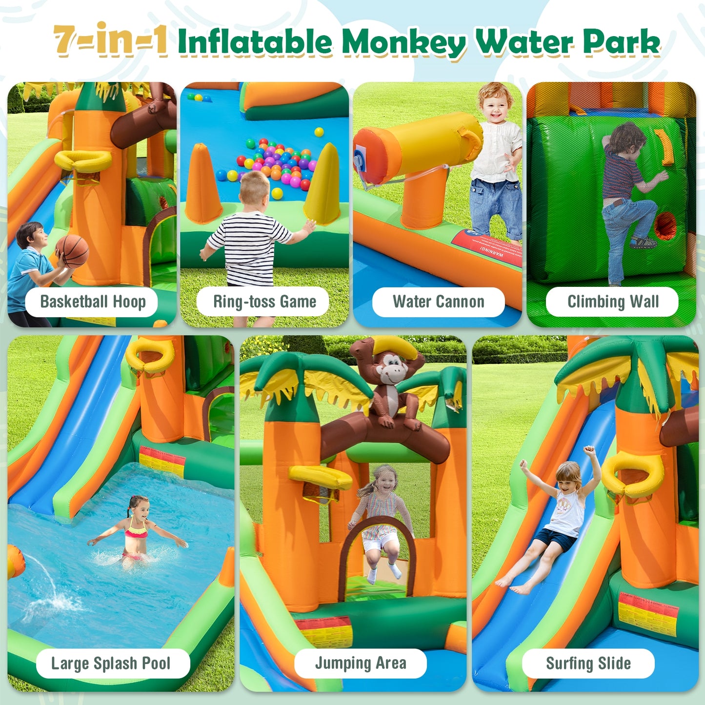 Toboggan Gonflable à Eau, Zone de Saut, Piscine, Souffleur 680W, Multicolore