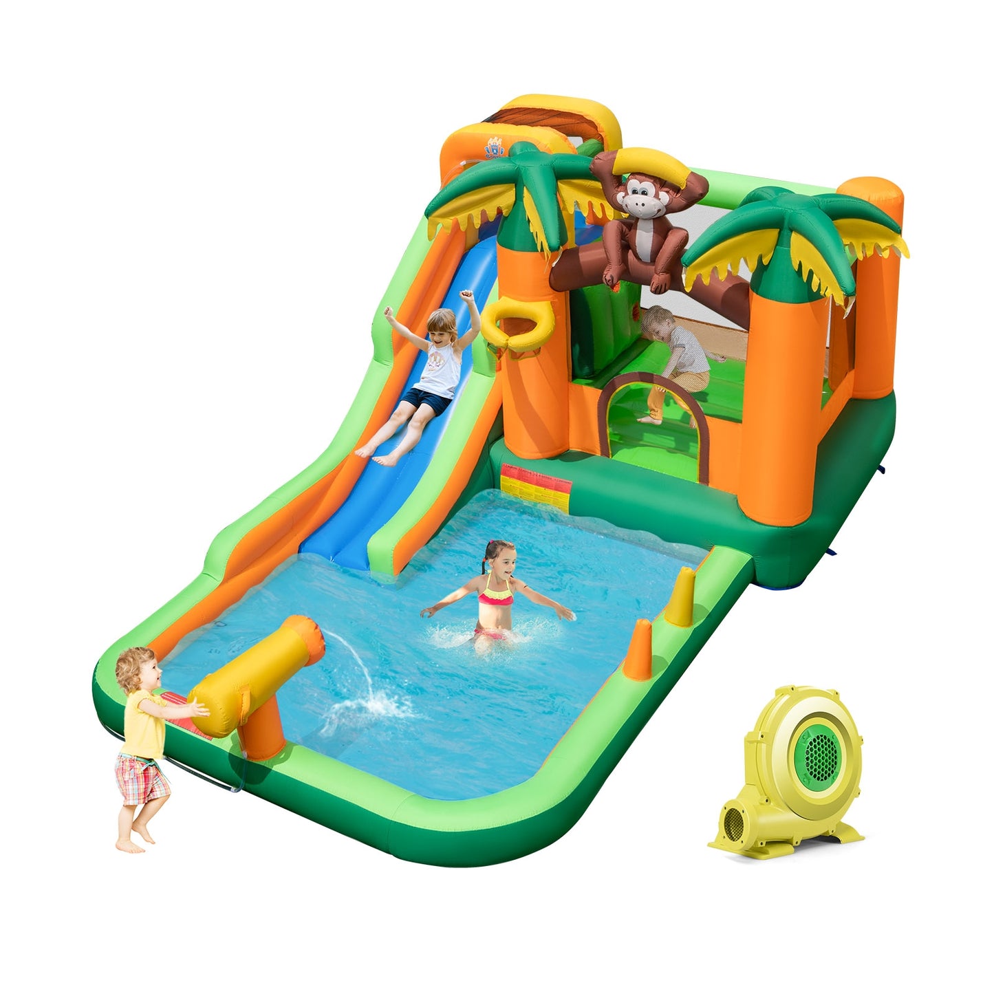 Toboggan Gonflable à Eau, Zone de Saut, Piscine, Souffleur 680W, Multicolore