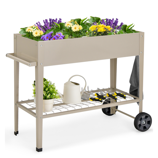 Metal Raised Garden Bed with Storage Shelf Hanging Hooks and Wheels, Light Brown at Gallery Canada