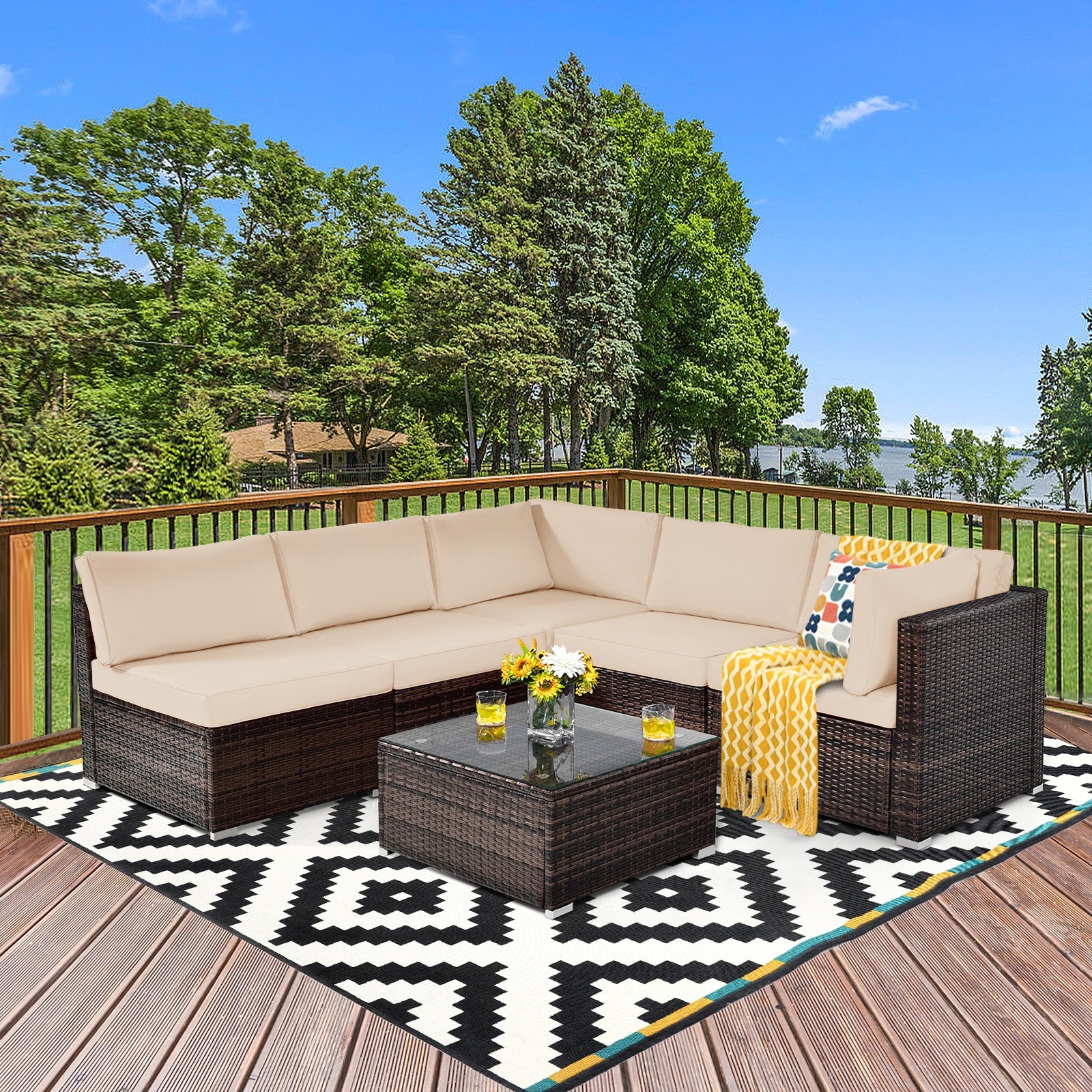 6 Pieces Patio Rattan Furniture Set with Cushions, Brown Outdoor Sectionals at Gallery Canada