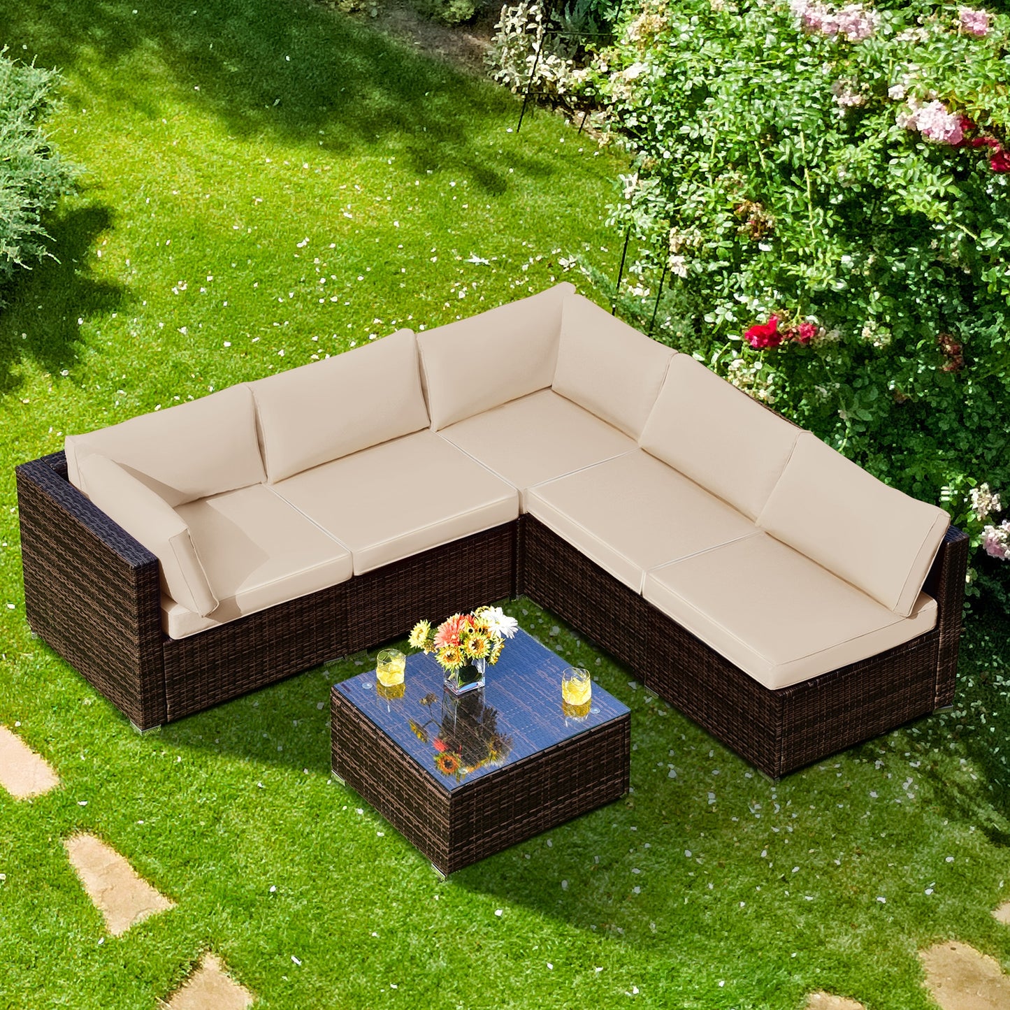 6 Pieces Patio Rattan Furniture Set with Cushions, Brown Outdoor Sectionals at Gallery Canada