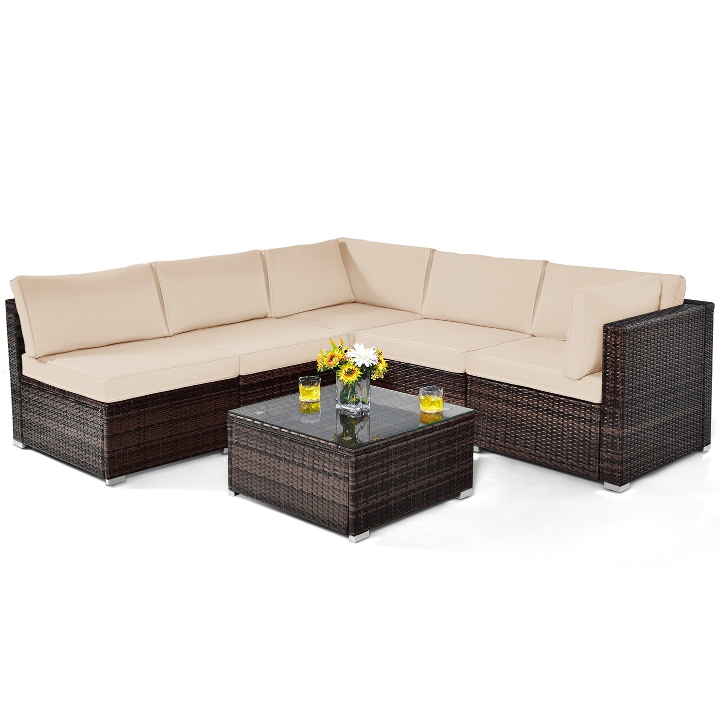 6 Pieces Patio Rattan Furniture Set with Cushions, Brown Outdoor Sectionals at Gallery Canada