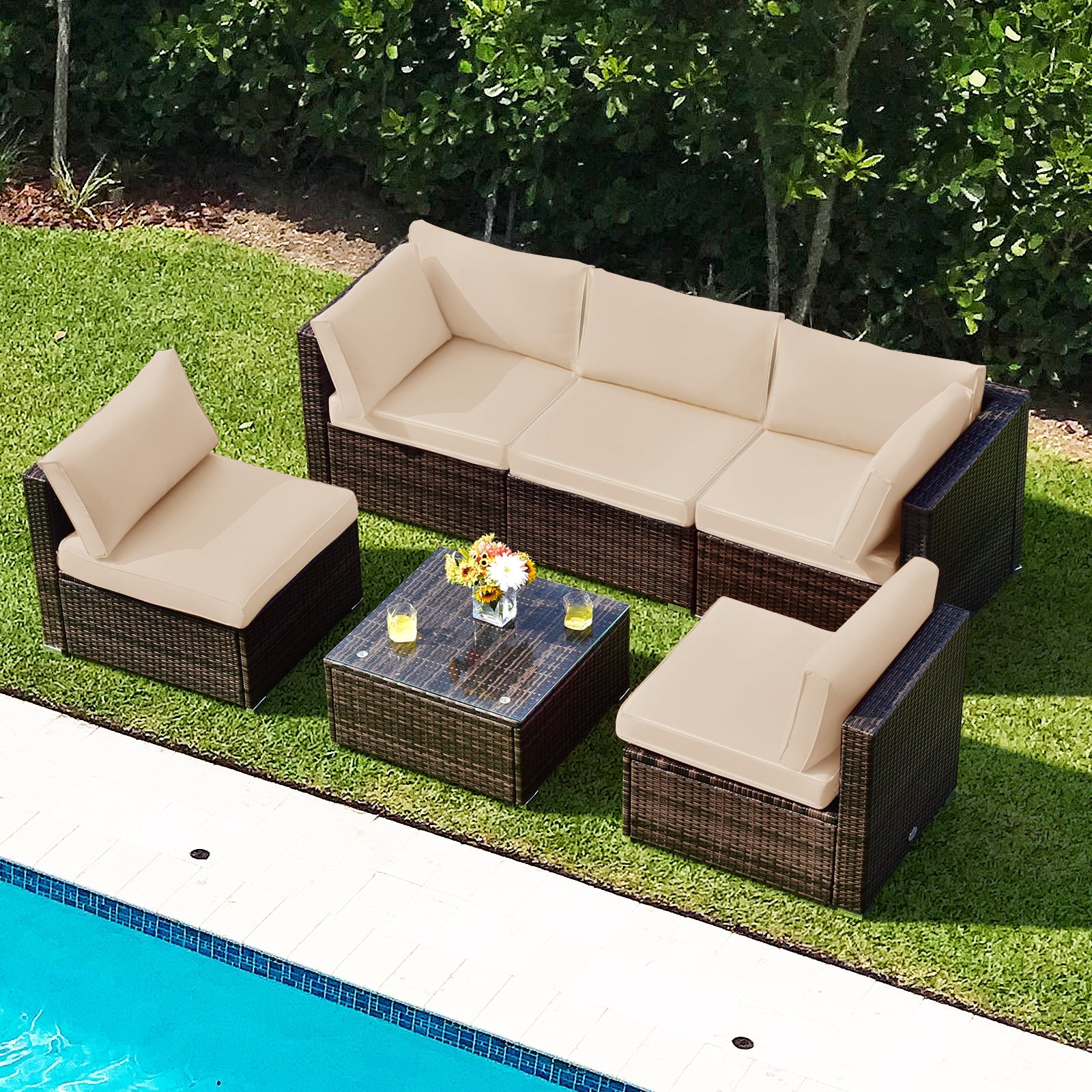 6 Pieces Patio Rattan Furniture Set with Cushions, Brown Outdoor Sectionals at Gallery Canada