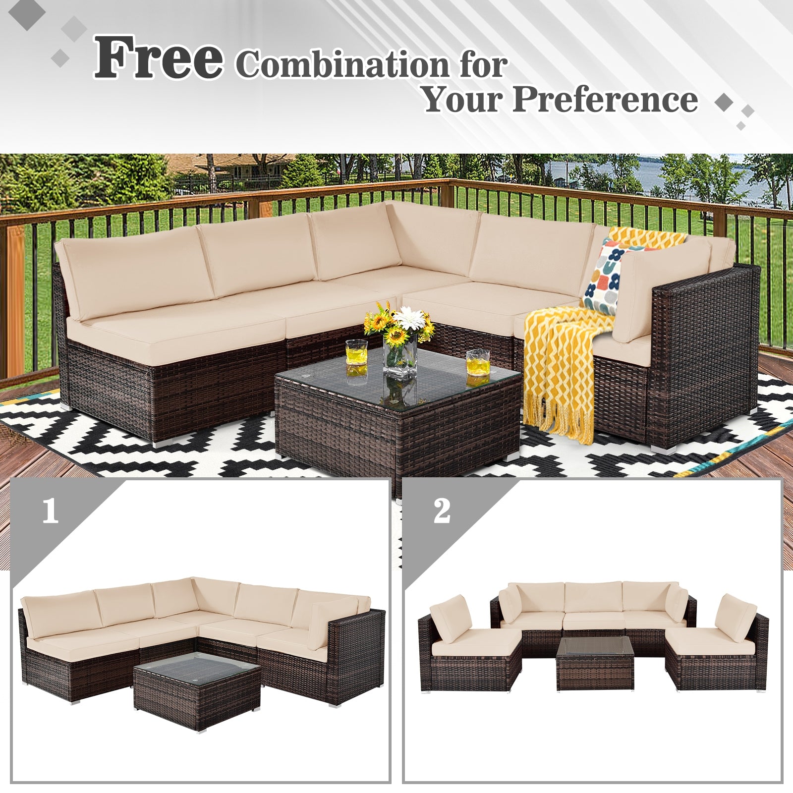 6 Pieces Patio Rattan Furniture Set with Cushions, Brown Outdoor Sectionals at Gallery Canada