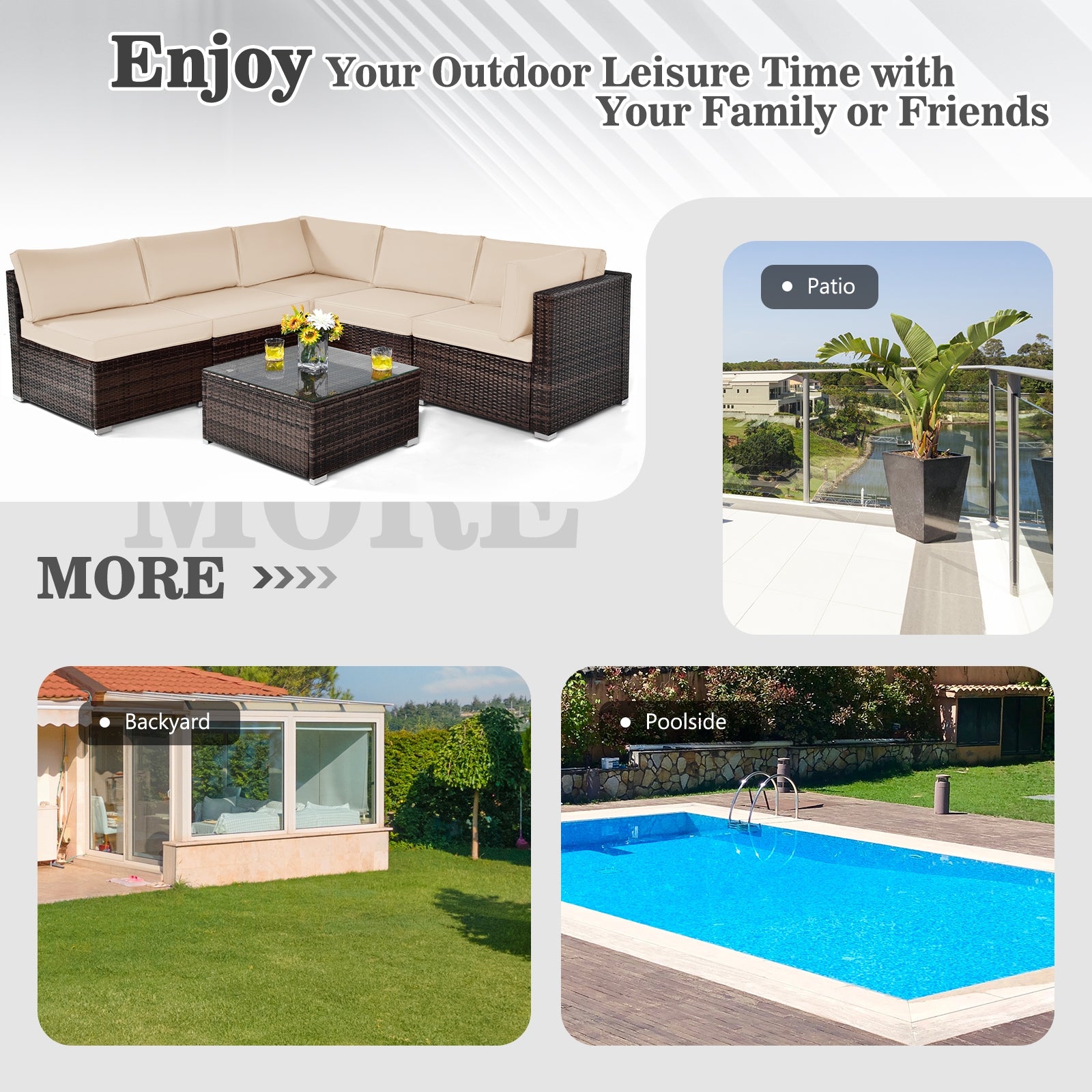 6 Pieces Patio Rattan Furniture Set with Cushions, Brown Outdoor Sectionals at Gallery Canada