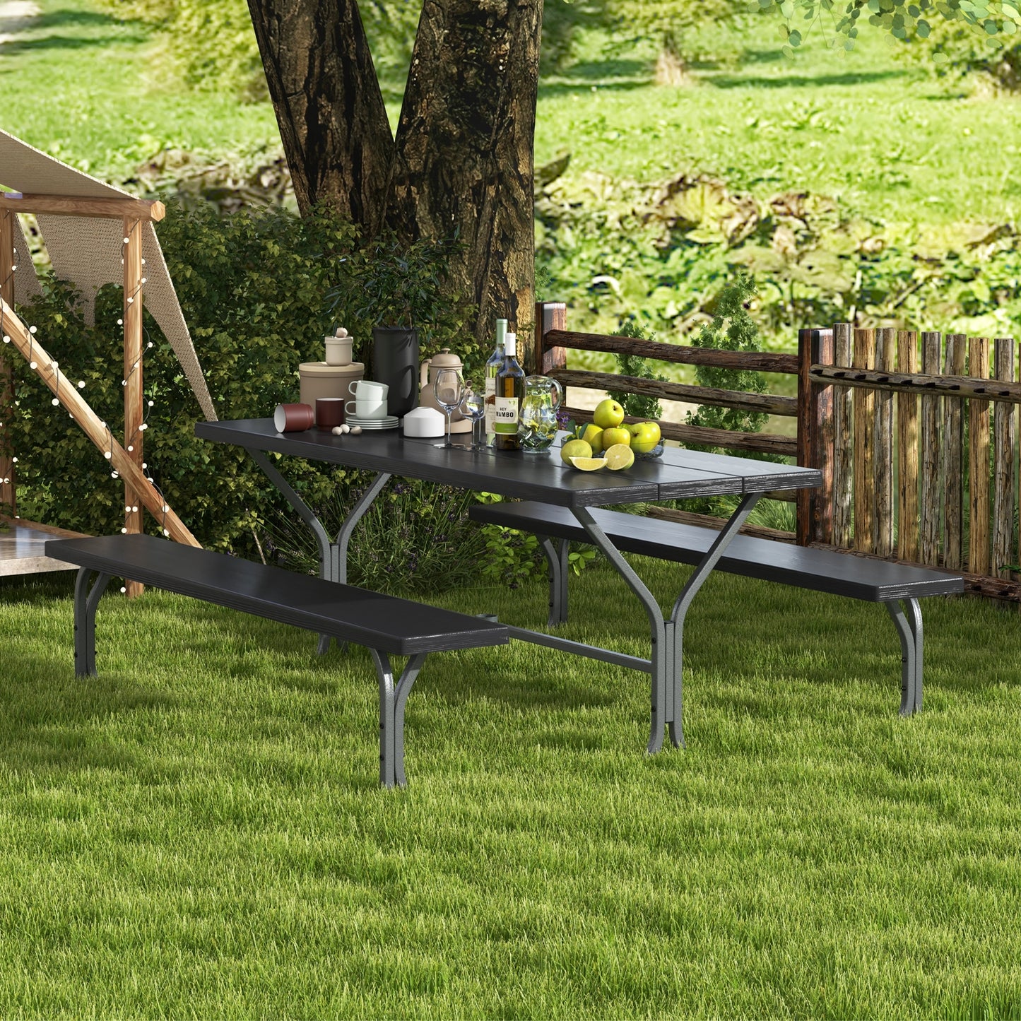 6 Feet Picnic Table Bench Set with HDPE Tabletop for 8 Person, Black Picnic Tables at Gallery Canada