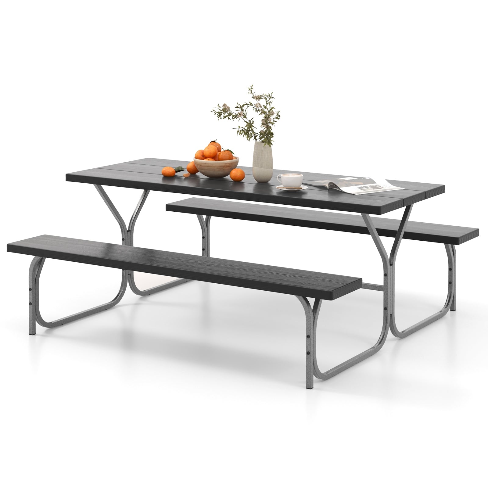 6 Feet Picnic Table Bench Set with HDPE Tabletop for 8 Person, Black Picnic Tables Black at Gallery Canada
