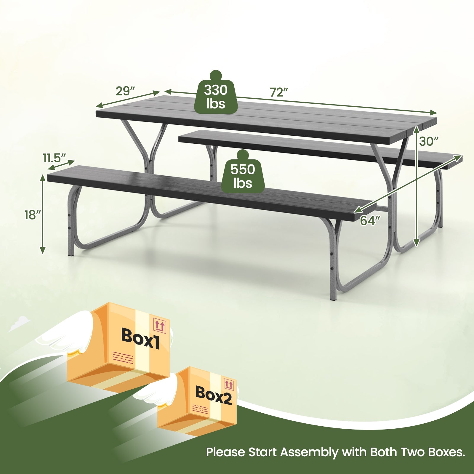 6 Feet Picnic Table Bench Set with HDPE Tabletop for 8 Person, Black Picnic Tables at Gallery Canada