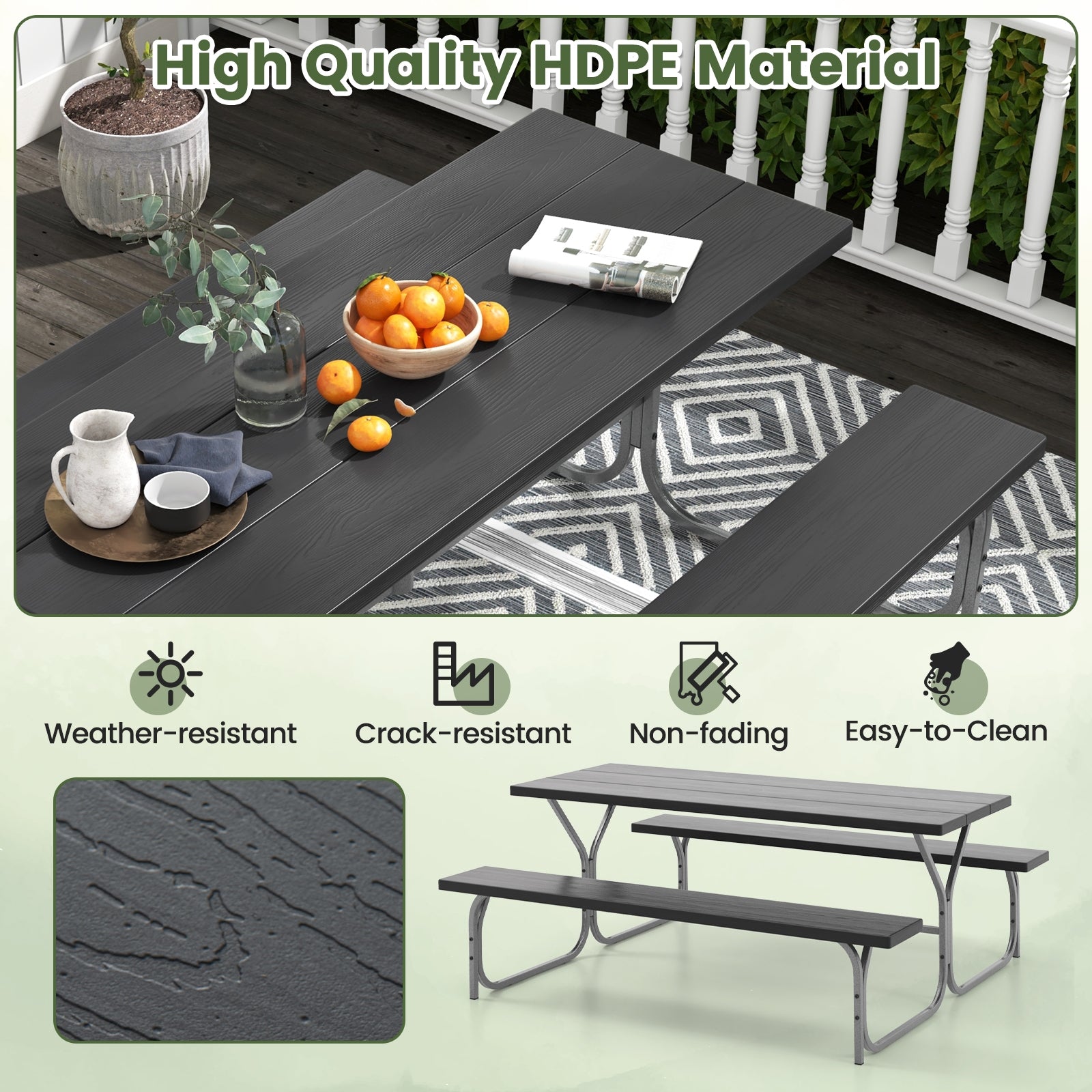 6 Feet Picnic Table Bench Set with HDPE Tabletop for 8 Person, Black Picnic Tables at Gallery Canada