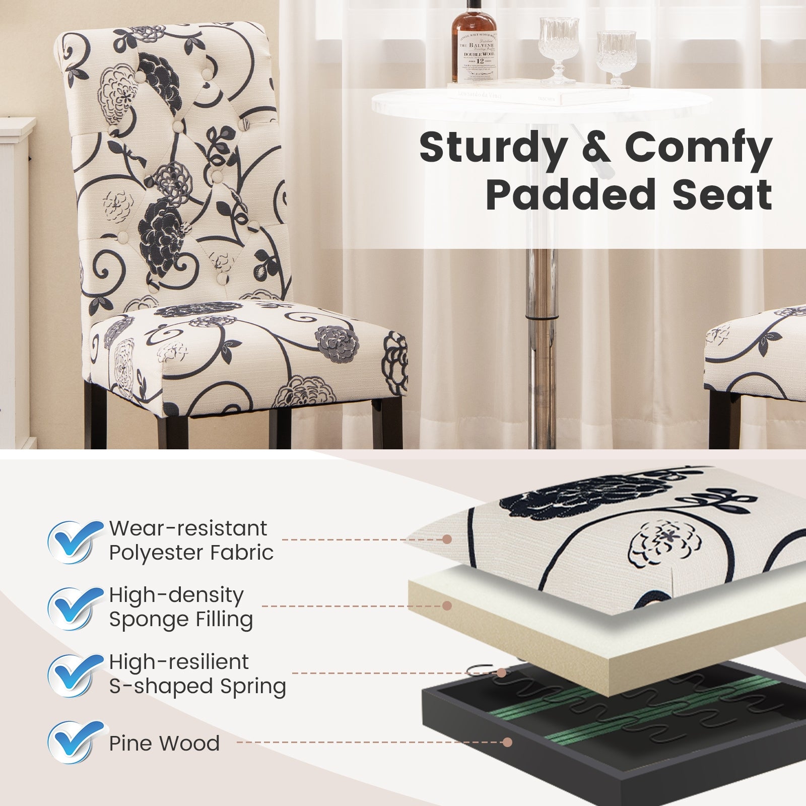 2 Pieces Tufted Dining Chair Set with Adjustable Anti-Slip Foot Pads-Blue and White, Multicolor Dining Chairs at Gallery Canada