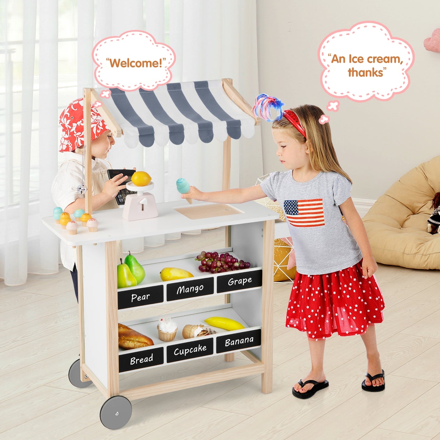 Kids Wooden Ice Cream Cart with Chalkboard and Storage for over 3 Years Old, White Play Kitchen Sets at Gallery Canada