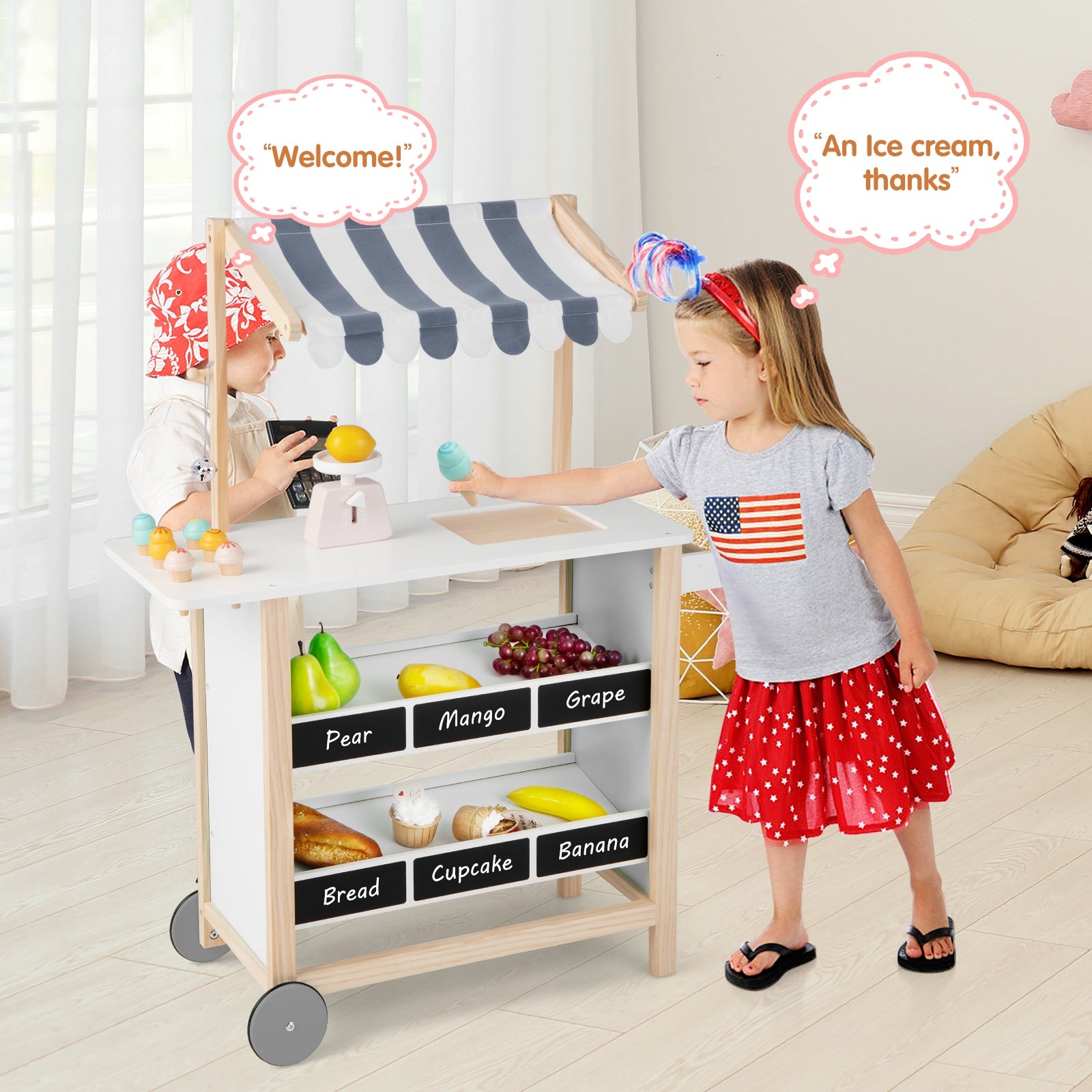 Kids Wooden Ice Cream Cart with Chalkboard and Storage for over 3 Years Old, White Play Kitchen Sets at Gallery Canada
