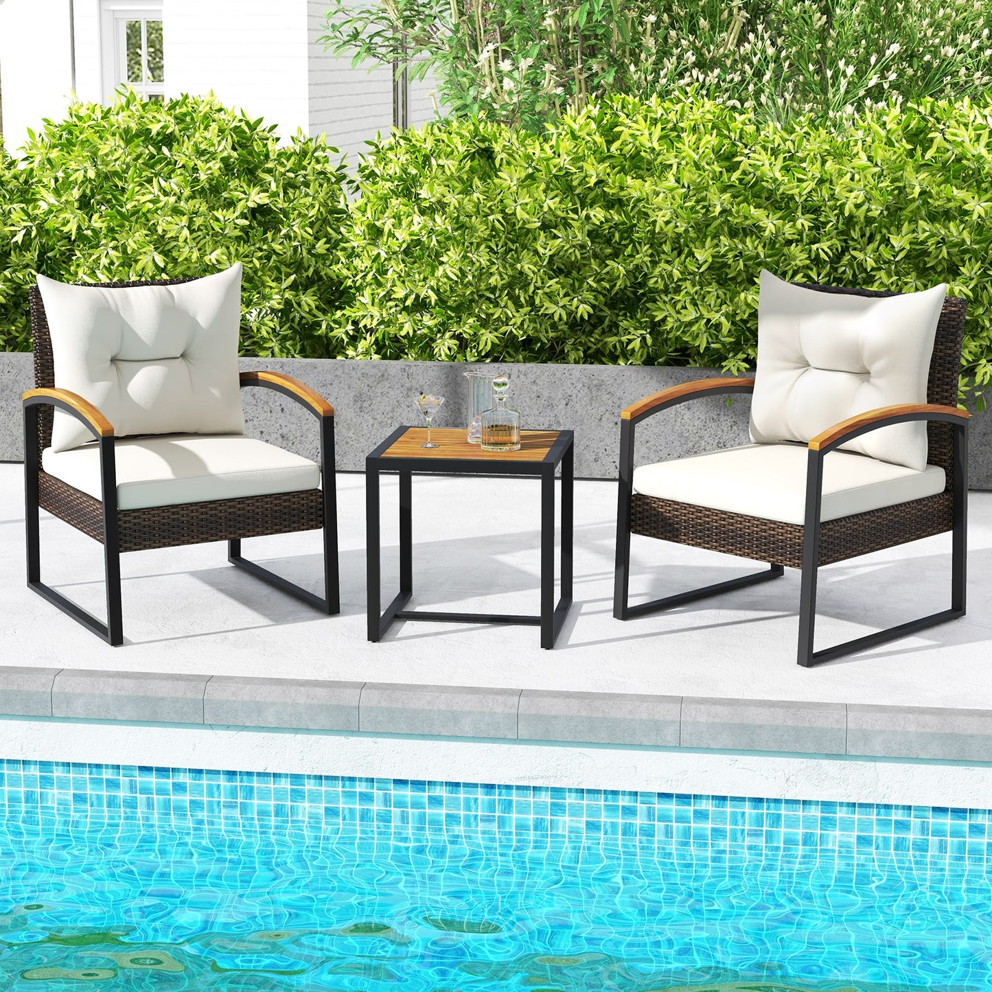 3 Piece Patio Conversation Set with Solid Acacia Wood Armrests and Tabletop, White Patio Conversation Sets at Gallery Canada