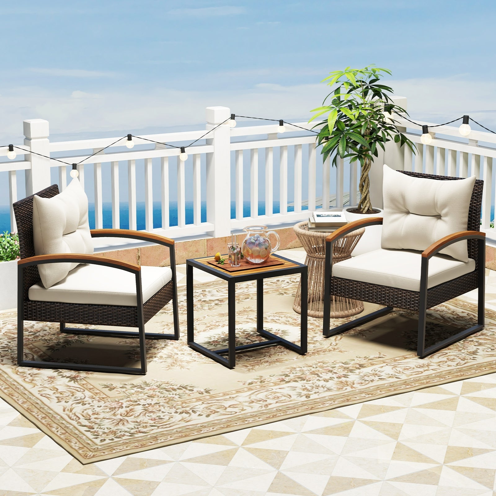 3 Piece Patio Conversation Set with Solid Acacia Wood Armrests and Tabletop, White Patio Conversation Sets at Gallery Canada