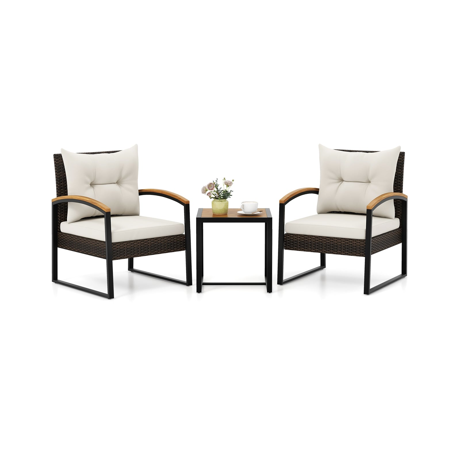 3 Piece Patio Conversation Set with Solid Acacia Wood Armrests and Tabletop, White Patio Conversation Sets White at Gallery Canada