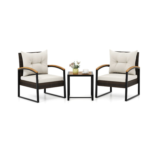 3 Piece Patio Conversation Set with Solid Acacia Wood Armrests and Tabletop, White Patio Conversation Sets White at Gallery Canada
