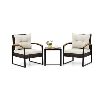 Ensemble de conversation pour patio 3 pièces, accoudoirs en bois d'acacia, blanc