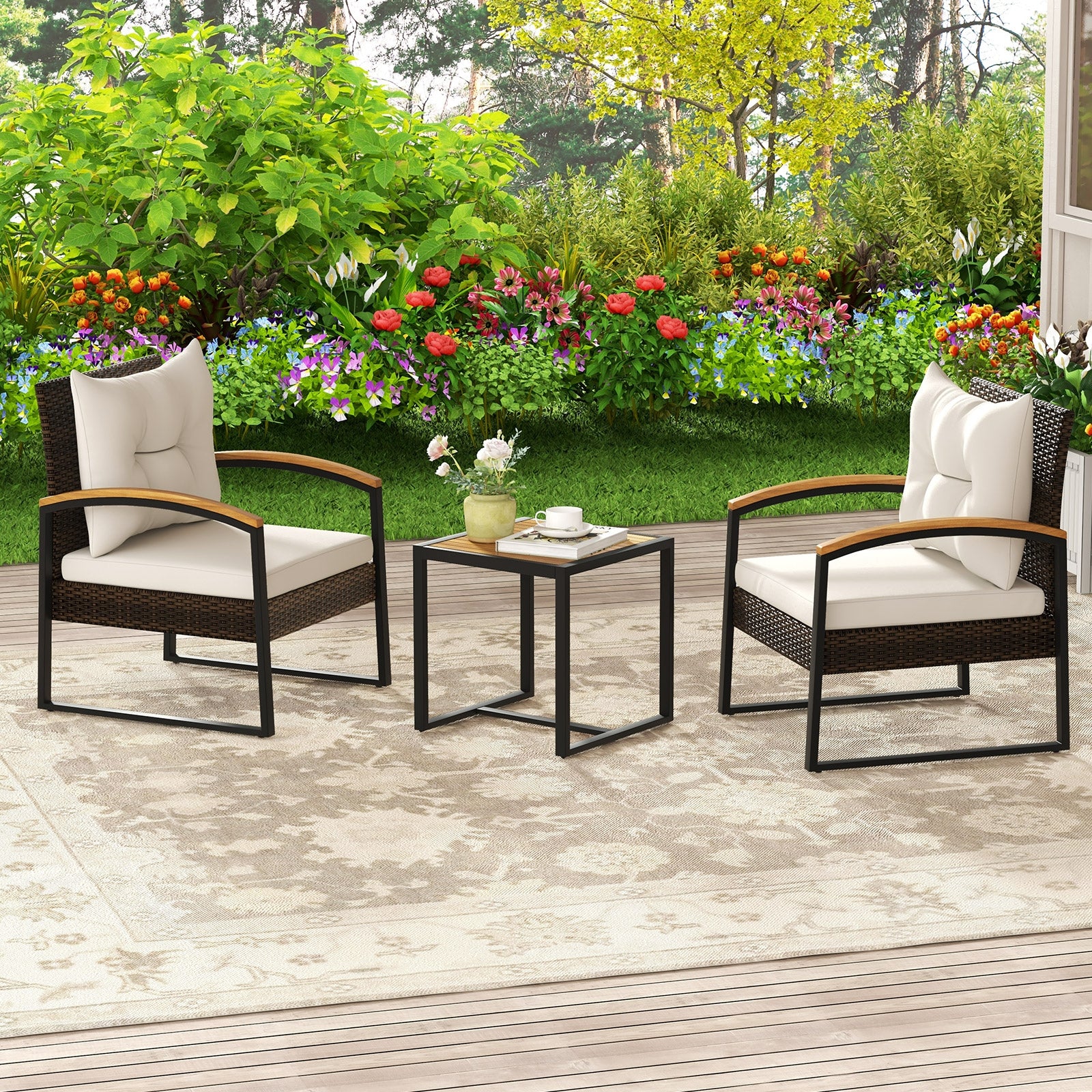 3 Piece Patio Conversation Set with Solid Acacia Wood Armrests and Tabletop, White Patio Conversation Sets at Gallery Canada