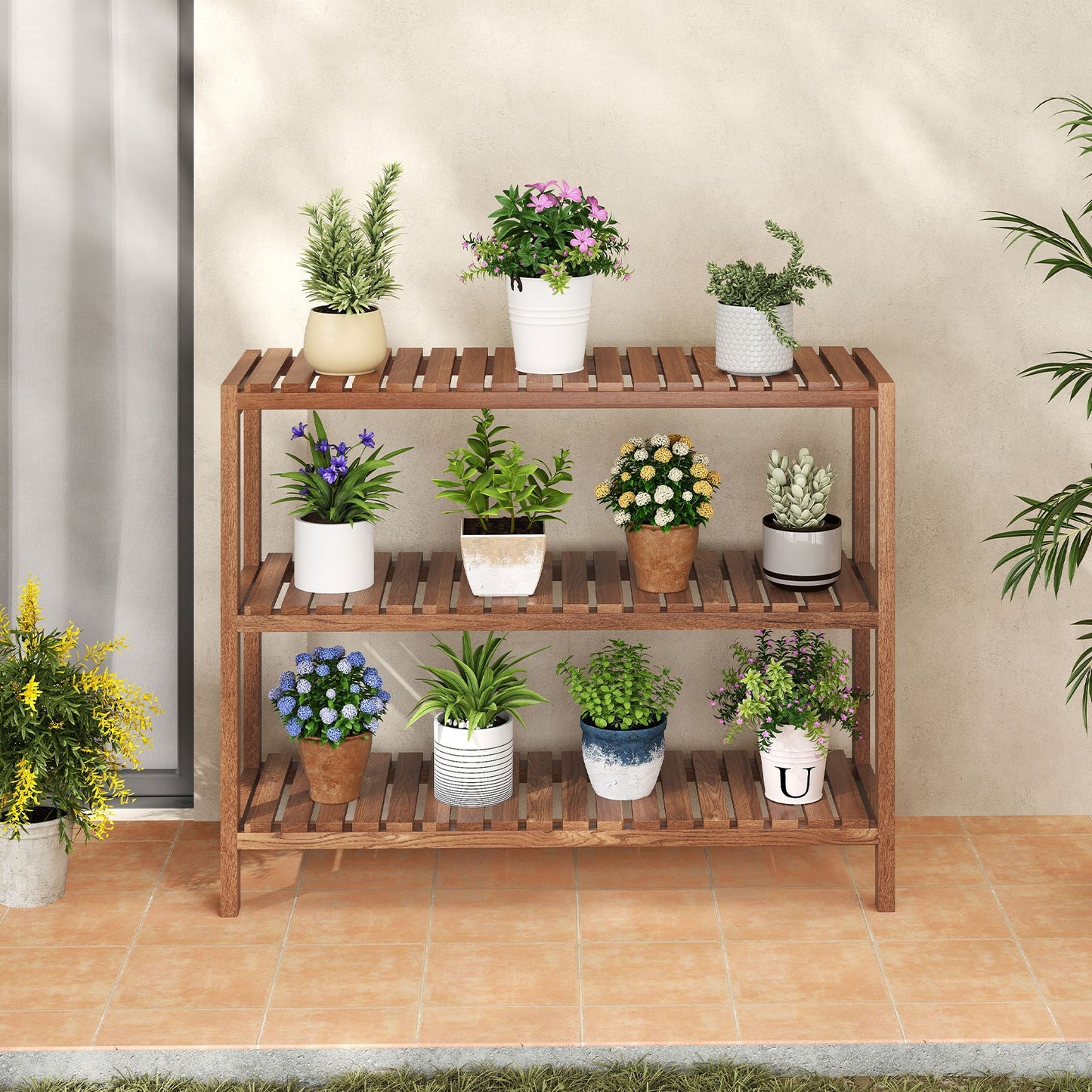3-Tier Teak Wood Side Table, Natural Plant Stands at Gallery Canada