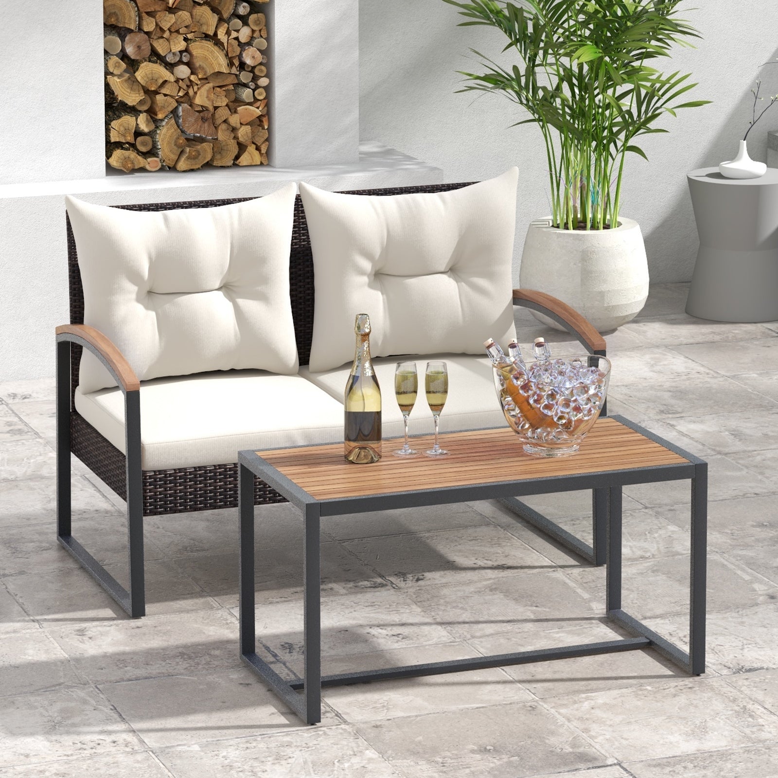 2 Pieces Patio PE Wicker Furniture Set with Acacia Wood Coffee Table, White Patio Conversation Sets at Gallery Canada