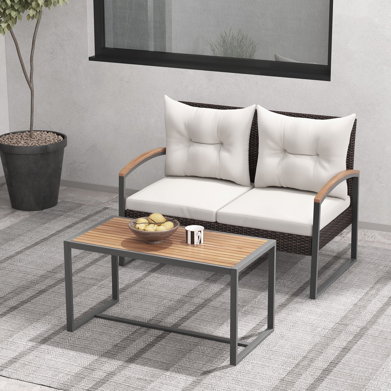 2 Pieces Patio PE Wicker Furniture Set with Acacia Wood Coffee Table, White Patio Conversation Sets at Gallery Canada