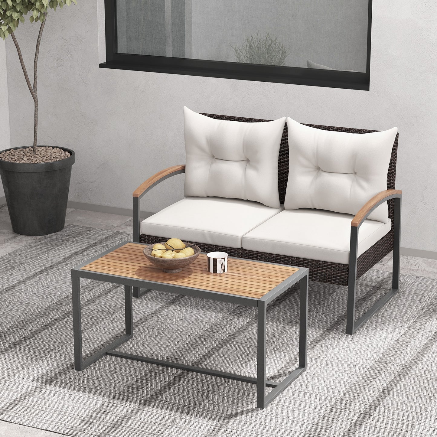 2 Pieces Patio PE Wicker Furniture Set with Acacia Wood Coffee Table, White Patio Conversation Sets at Gallery Canada