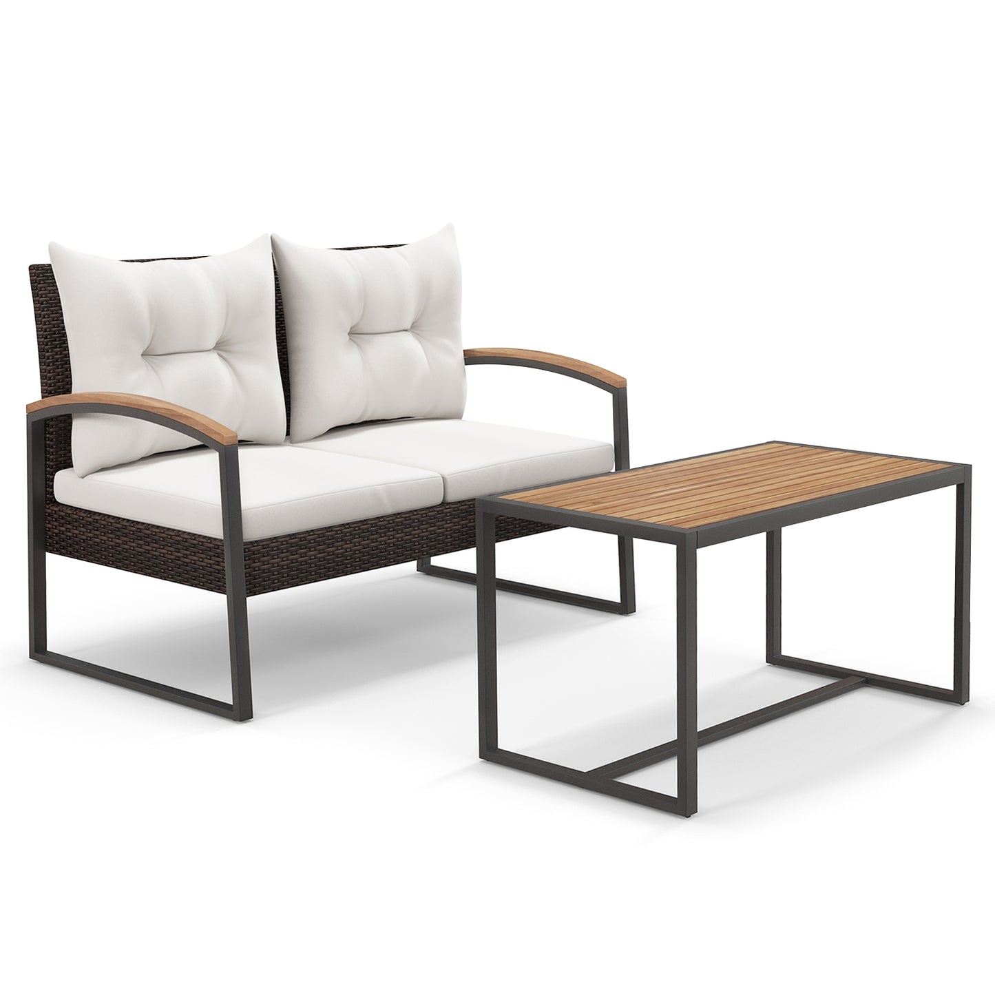 Ensemble de mobilier en osier PE pour patio, table basse en bois d'acacia, blanc