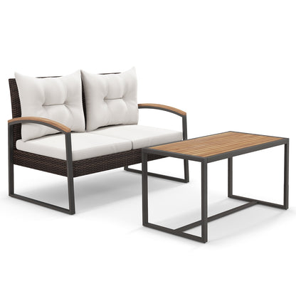 Ensemble de mobilier en osier PE pour patio, table basse en bois d'acacia, blanc