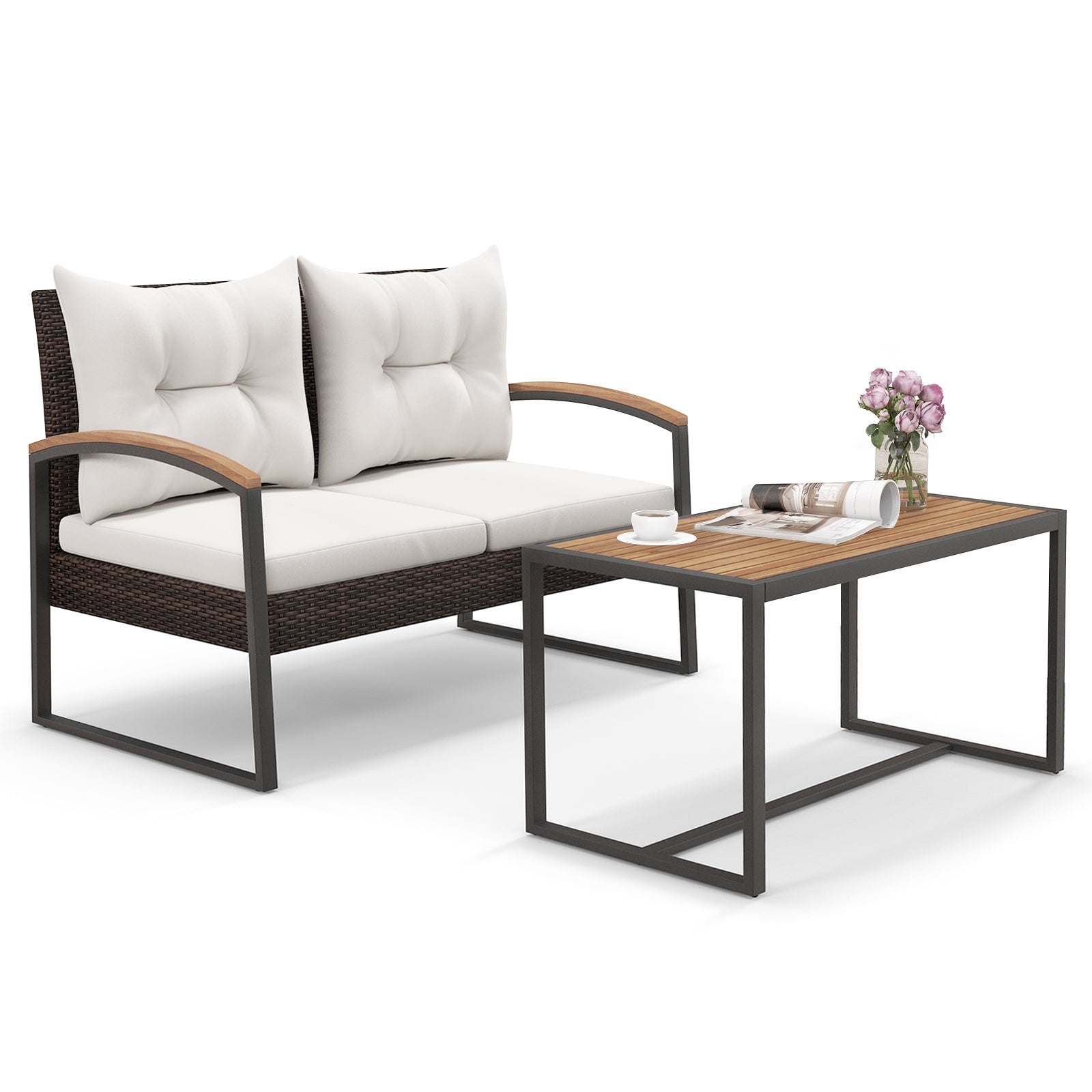 2 Pieces Patio PE Wicker Furniture Set with Acacia Wood Coffee Table, White Patio Conversation Sets at Gallery Canada