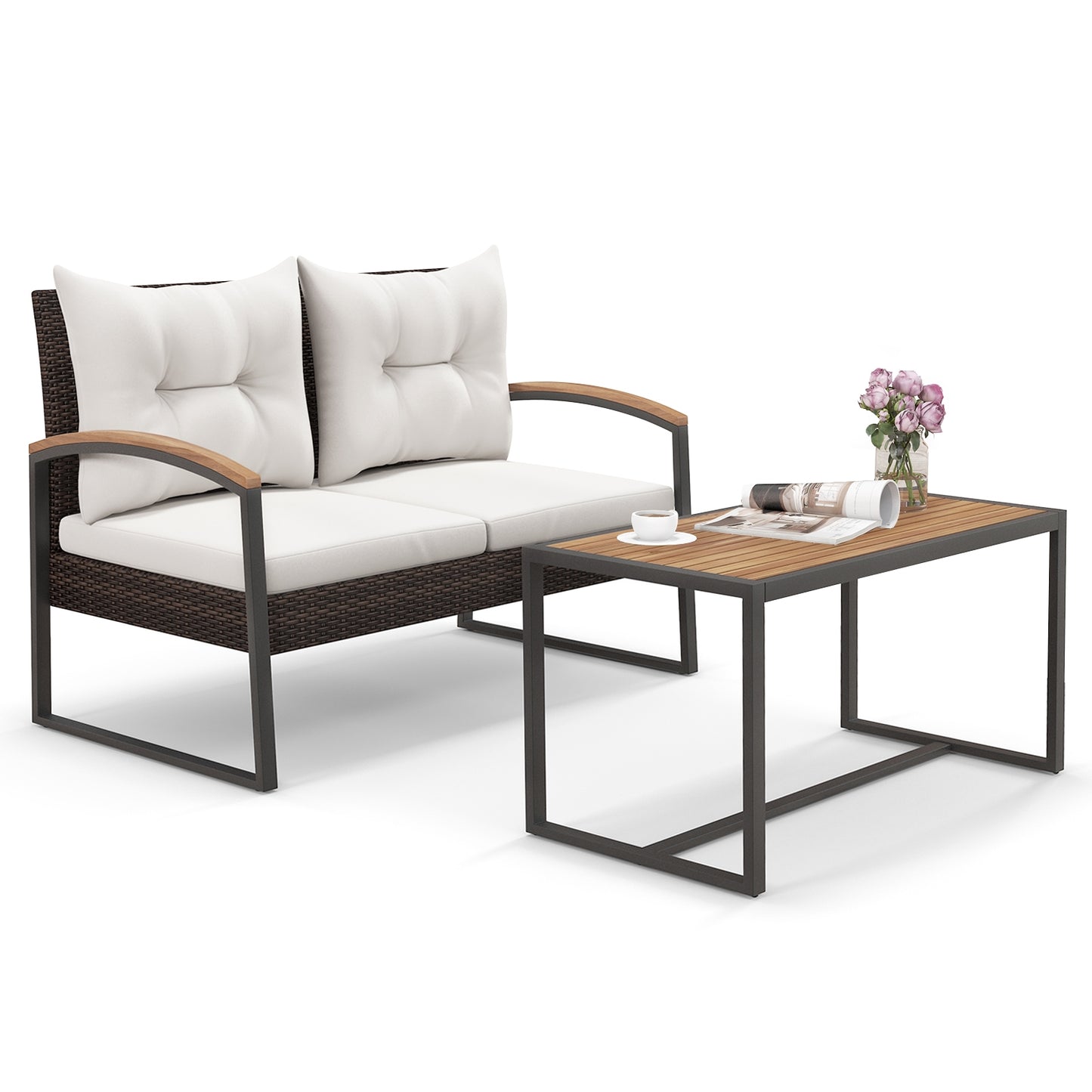 2 Pieces Patio PE Wicker Furniture Set with Acacia Wood Coffee Table, White Patio Conversation Sets at Gallery Canada