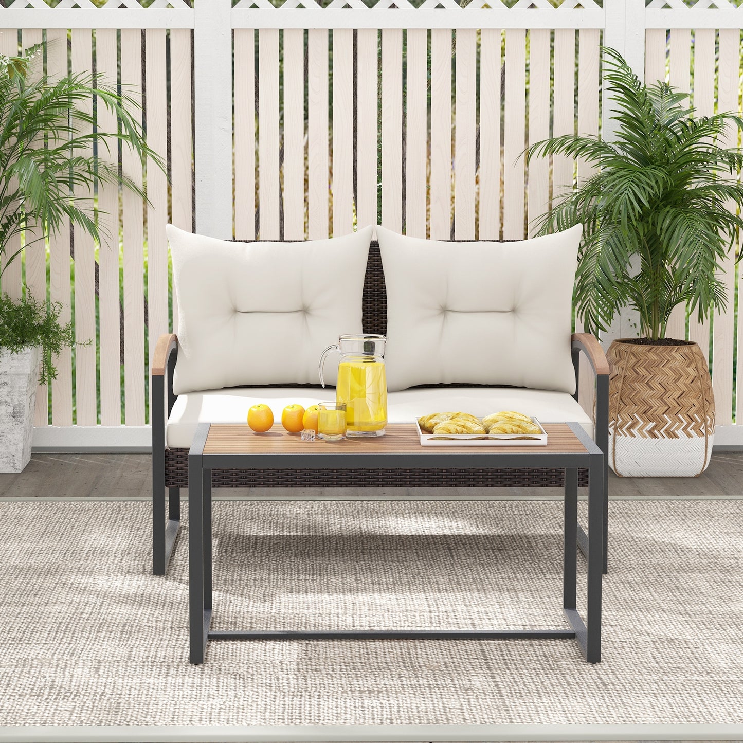 2 Pieces Patio PE Wicker Furniture Set with Acacia Wood Coffee Table, White Patio Conversation Sets at Gallery Canada