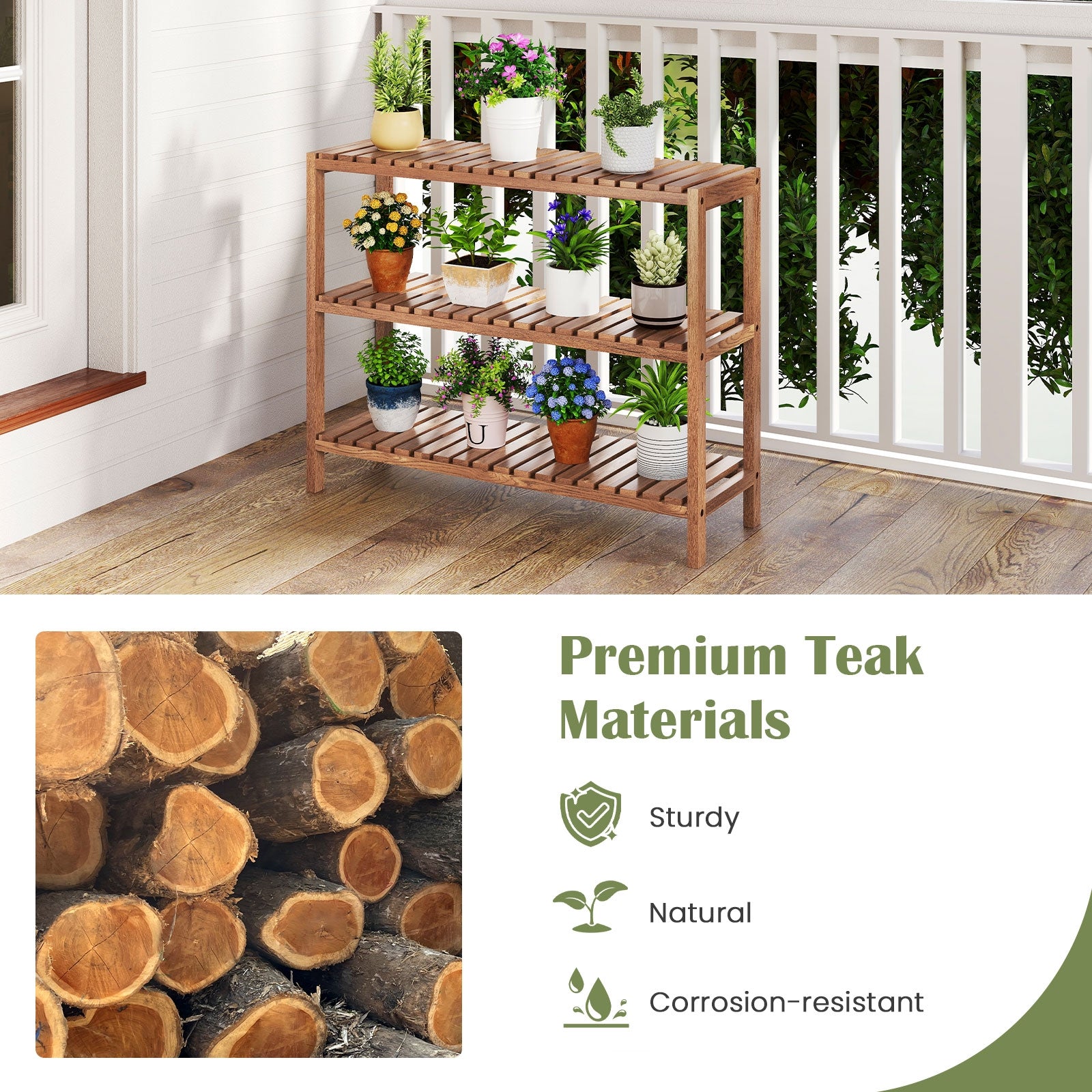 3-Tier Teak Wood Side Table, Natural Plant Stands at Gallery Canada