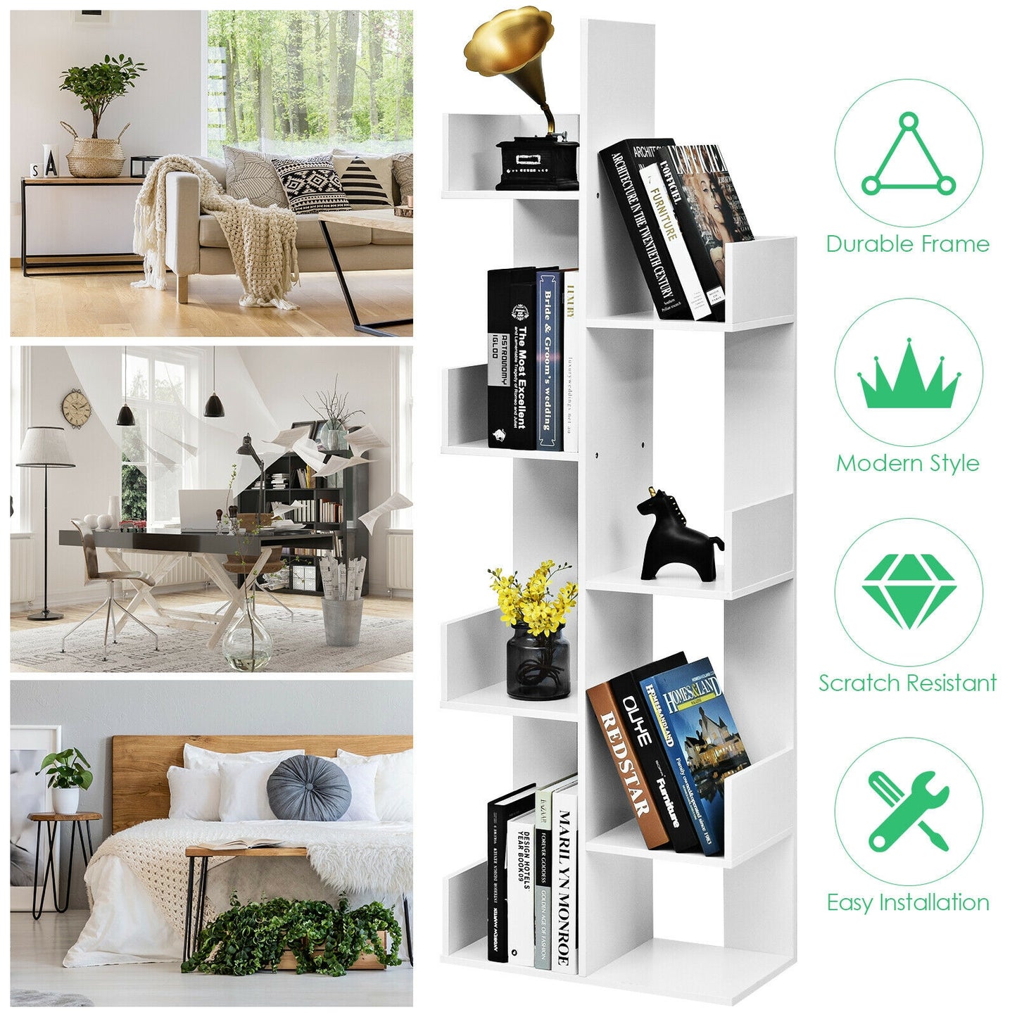 8-Tier Bookshelf Bookcase with 8 Open Compartments Space-Saving Storage Rack , White Bookcases at Gallery Canada