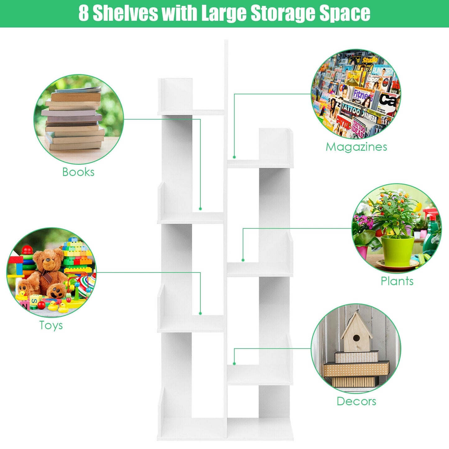 8-Tier Bookshelf Bookcase with 8 Open Compartments Space-Saving Storage Rack , White Bookcases at Gallery Canada