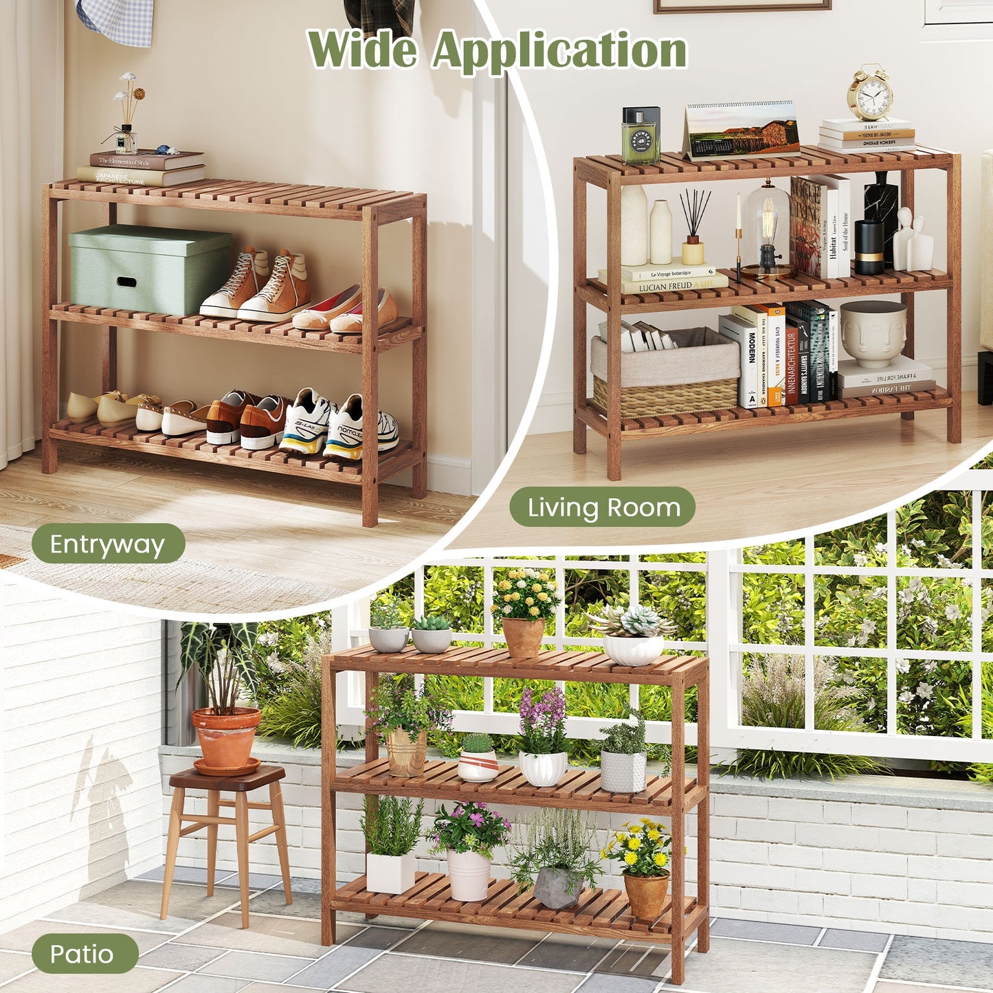 3-Tier Teak Wood Side Table, Natural Plant Stands at Gallery Canada