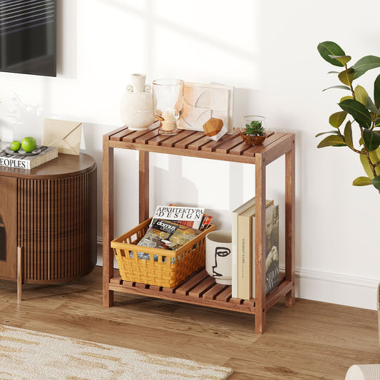 2 Tier Side Table, Teak Wood Storage Shelf, Natural Plant Stands Natural at Gallery Canada