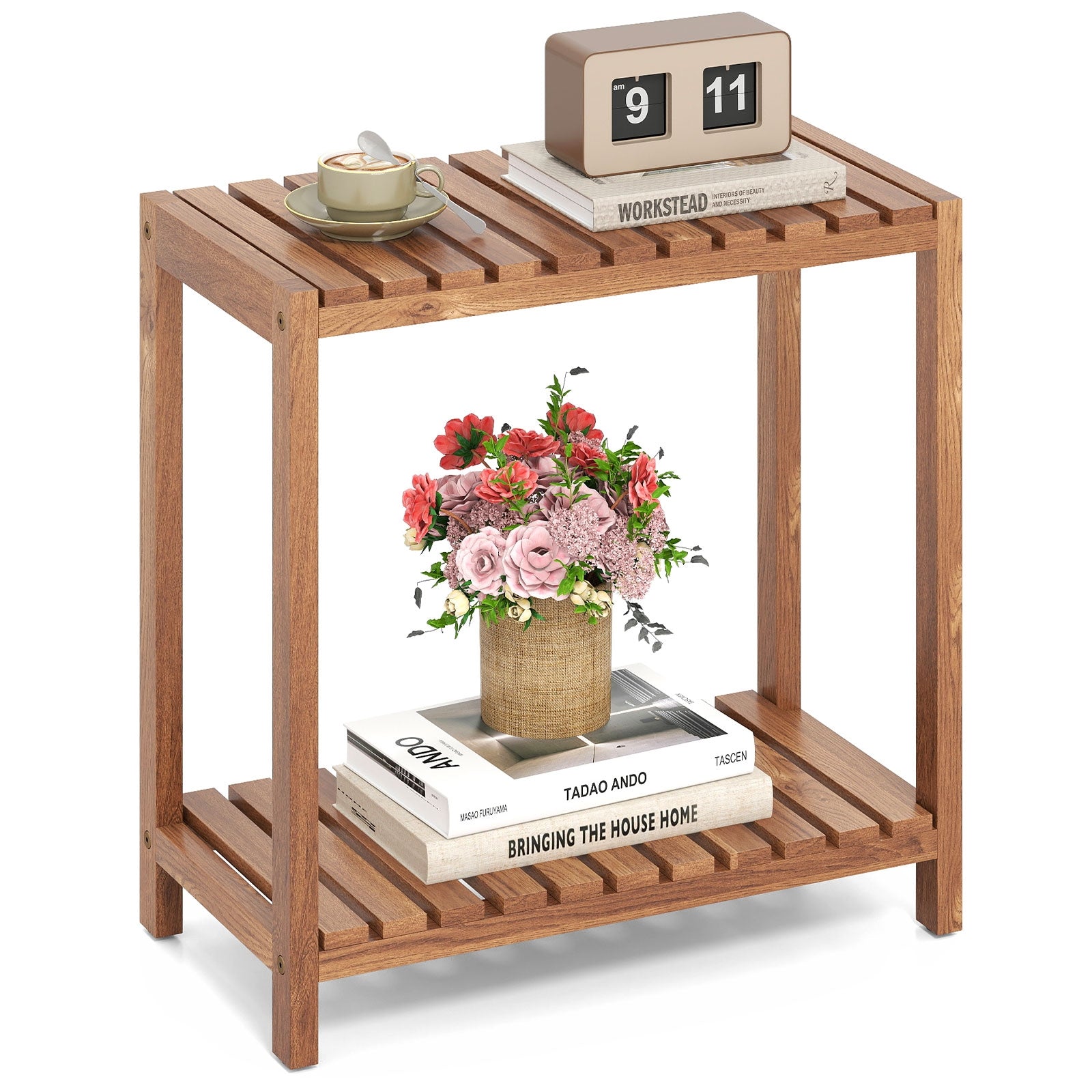 2 Tier Side Table, Teak Wood Storage Shelf, Natural Plant Stands at Gallery Canada