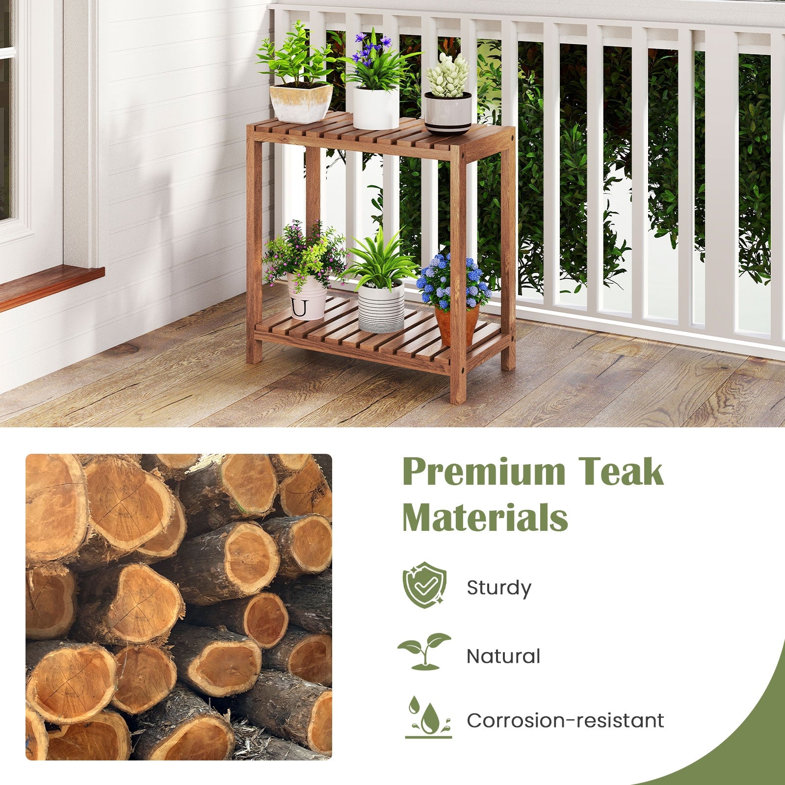 2 Tier Side Table, Teak Wood Storage Shelf, Natural Plant Stands at Gallery Canada