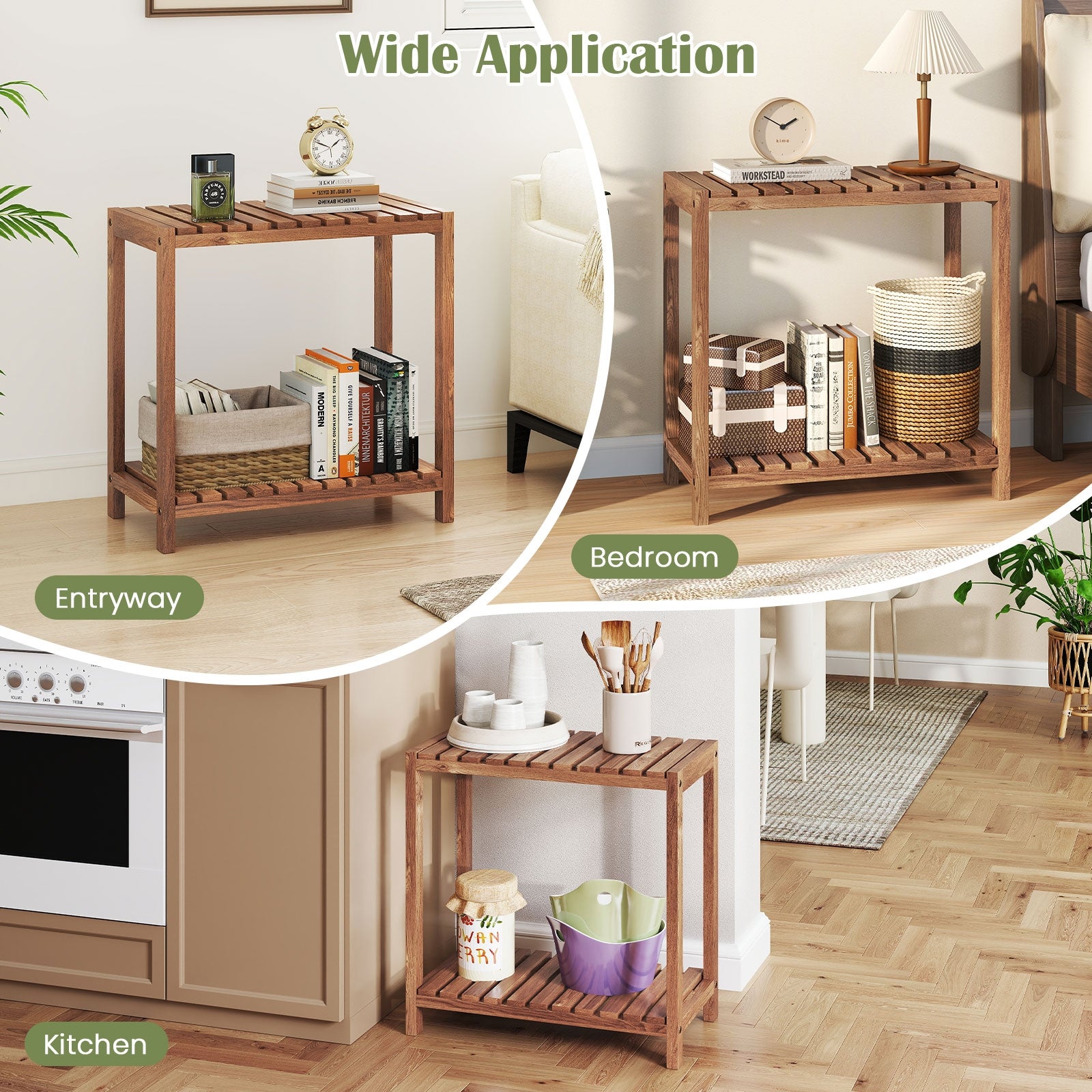 2 Tier Side Table, Teak Wood Storage Shelf, Natural Plant Stands at Gallery Canada