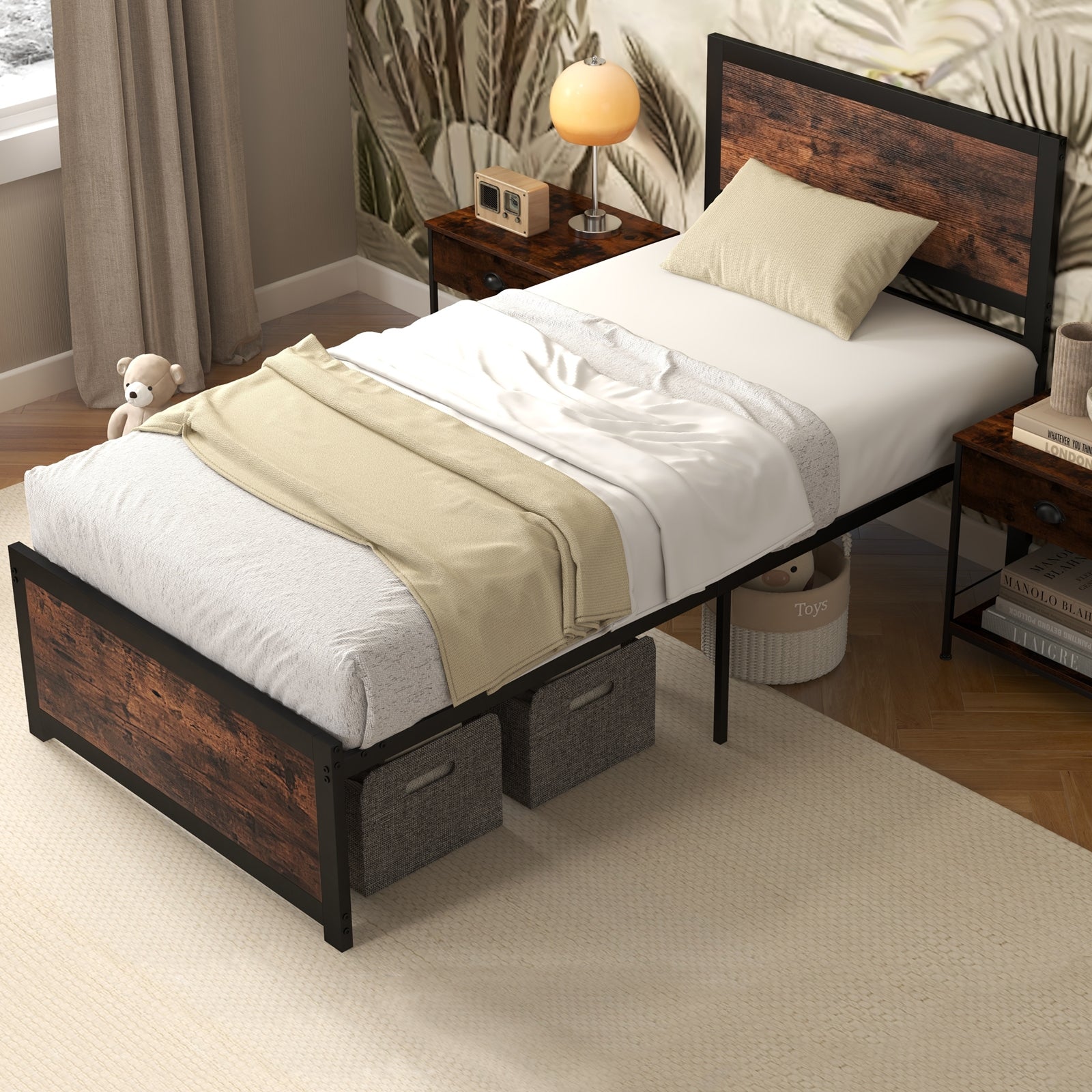 Twin Size Bed Frame Metal with High Headboard and Mute Bars-Twin Size, Rustic Brown Simple Bed Frame at Gallery Canada