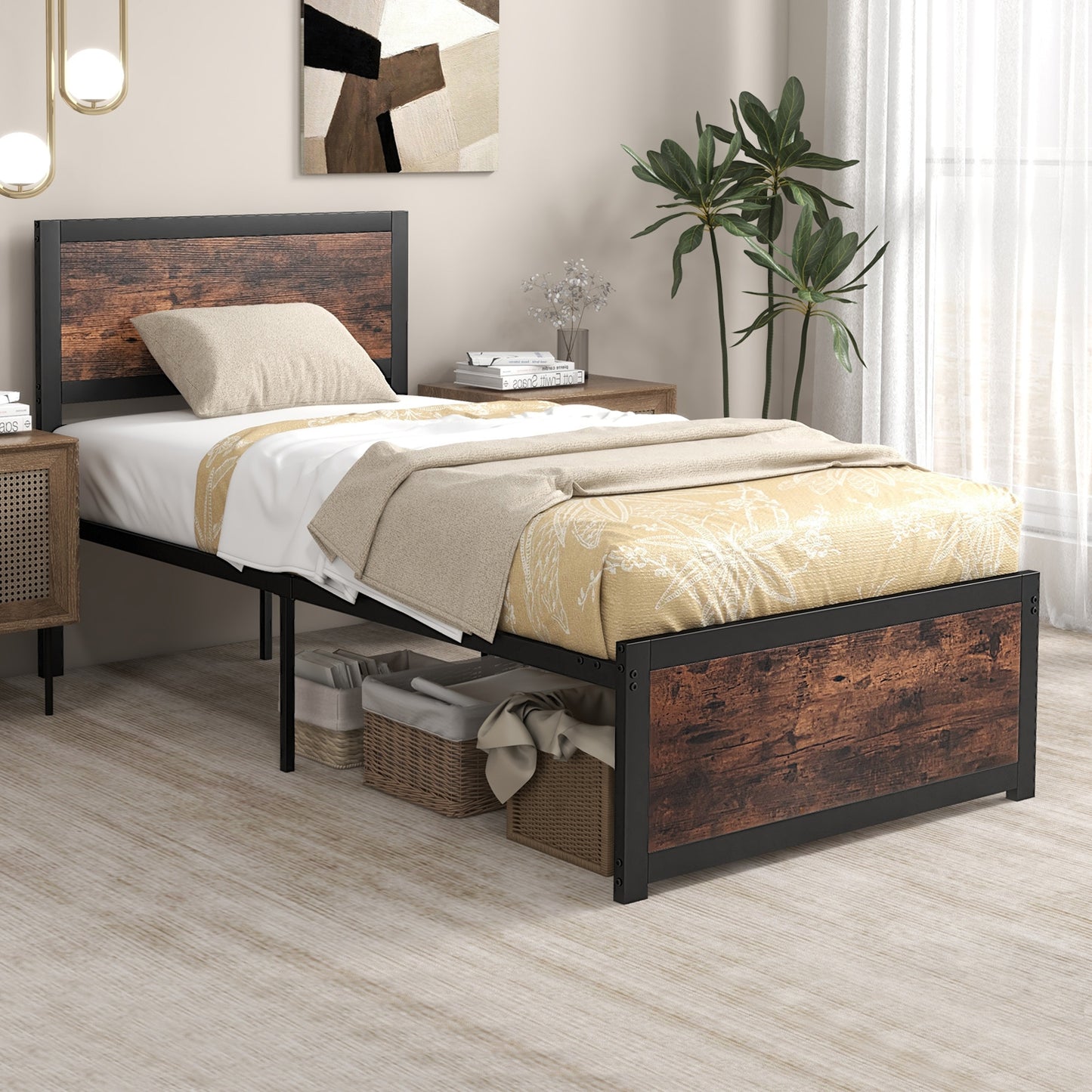 Twin Size Bed Frame Metal with High Headboard and Mute Bars-Twin Size, Rustic Brown Simple Bed Frame at Gallery Canada